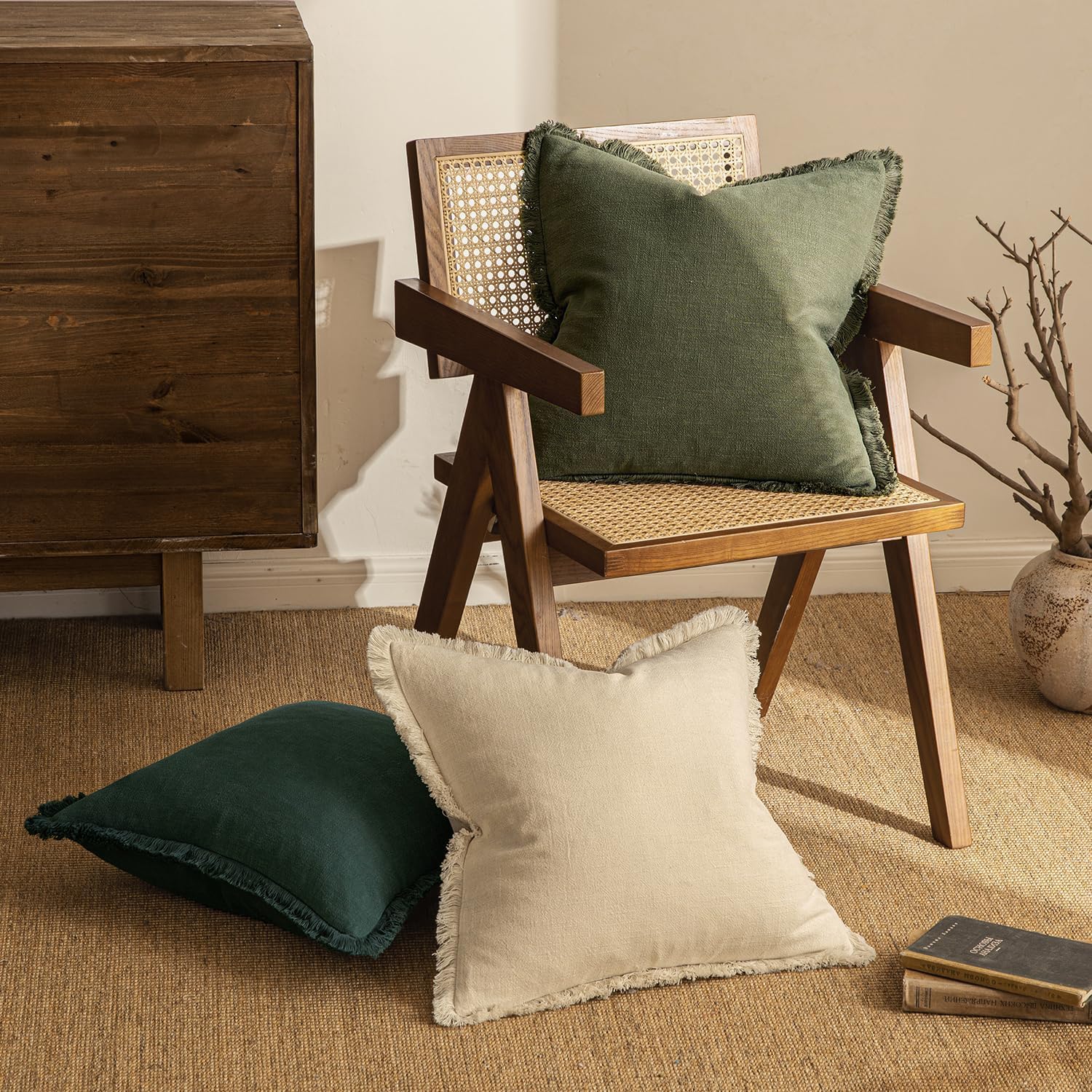 Decorative Throw Pillow Covers Neutral Linen Fringe Throw Pillows / 18 x 18 / Olive Green / Set of 2