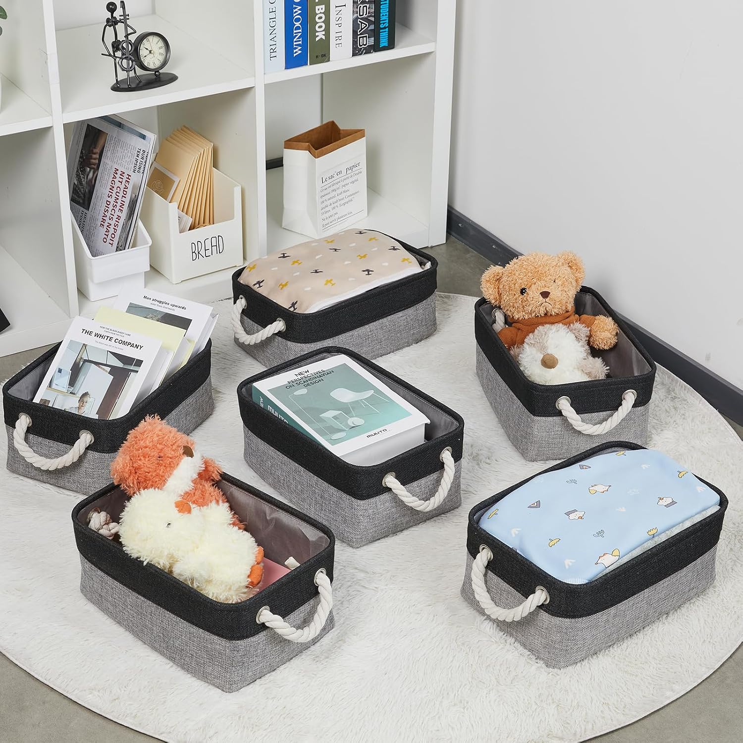 Storage Baskets Small Fabric Canvas Collapsible Storage / Black&grey / 11.8 x 7.8 x 5 / Set of 6