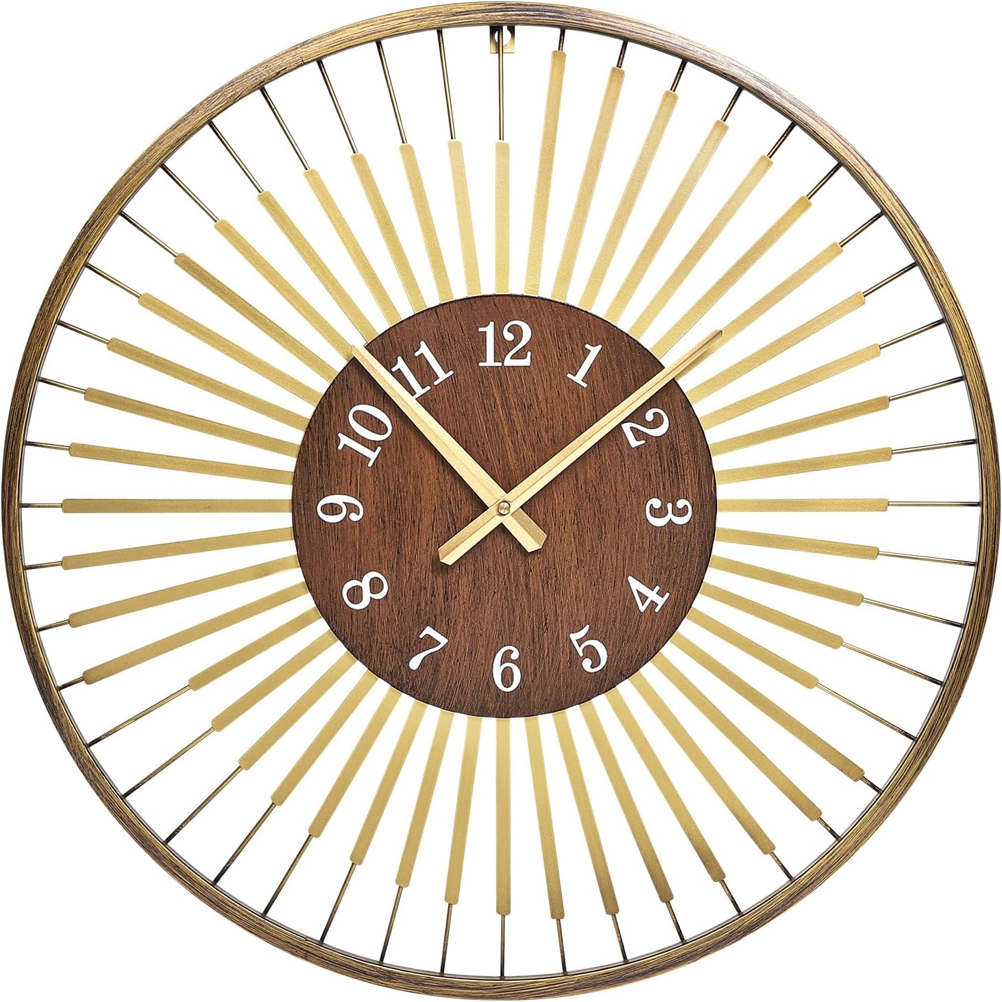 24 Inch Mid-Century Modern Wall Clock | round frame with walnut center, silent quartz clock, gold accents, decor wall