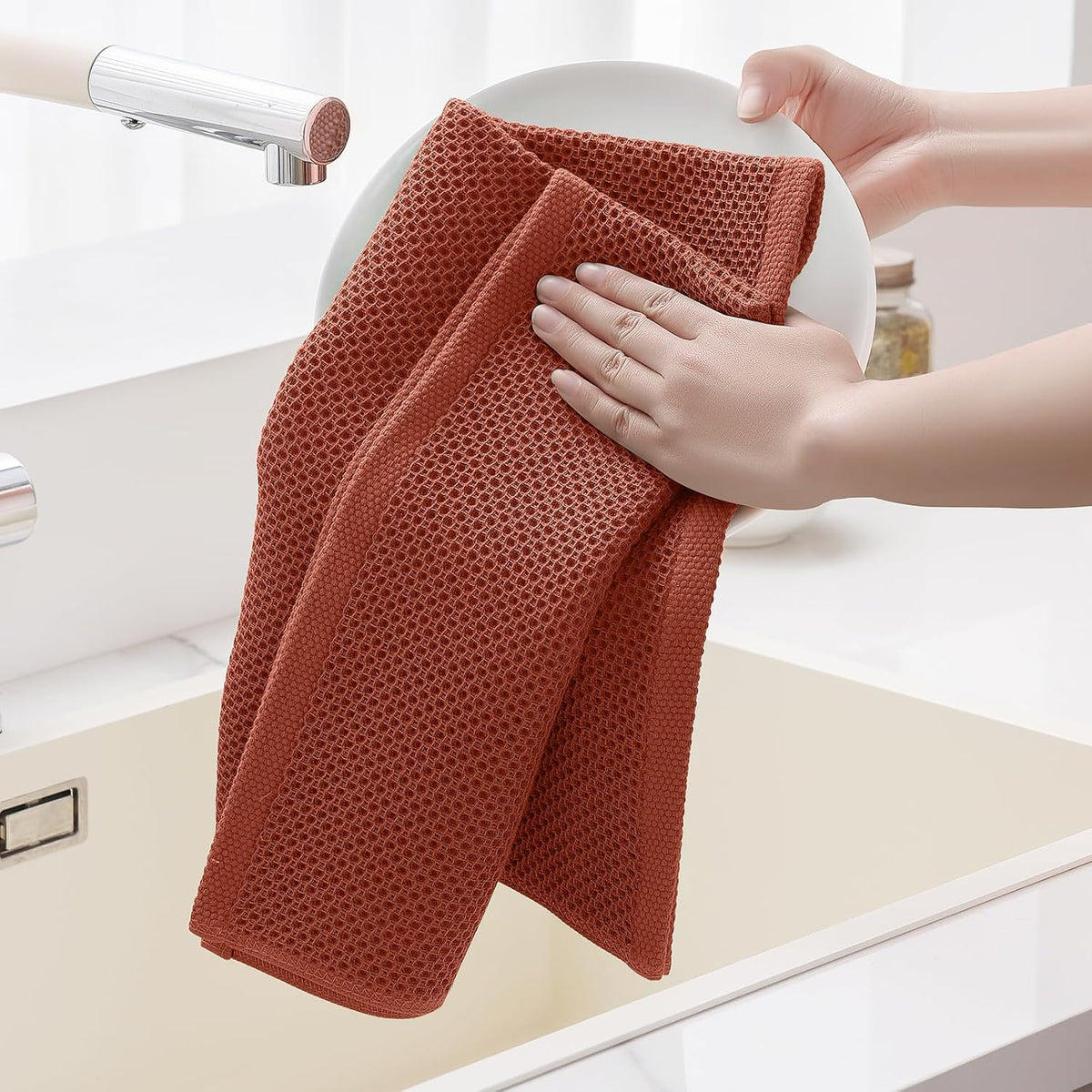 Homaxy 100% Cotton Oversized Waffle Weave Kitchen Towels 8-Pack, Rust | 20 x 28 Inches, Ultra Soft Absorbent Dish