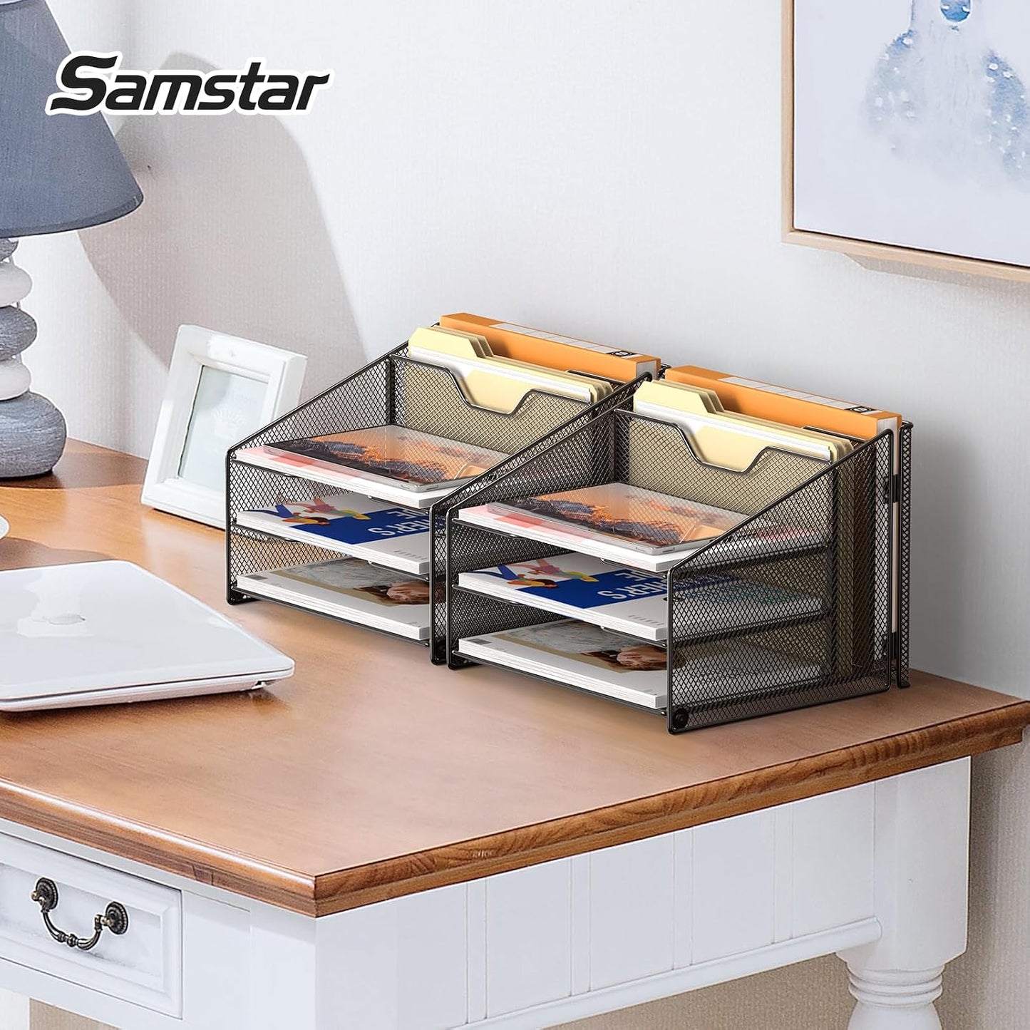 Samstar 2 Pack Mesh Desk File Organizer Letter Tray Holder, Desktop File Folder Holder with 3 Paper Trays and 2