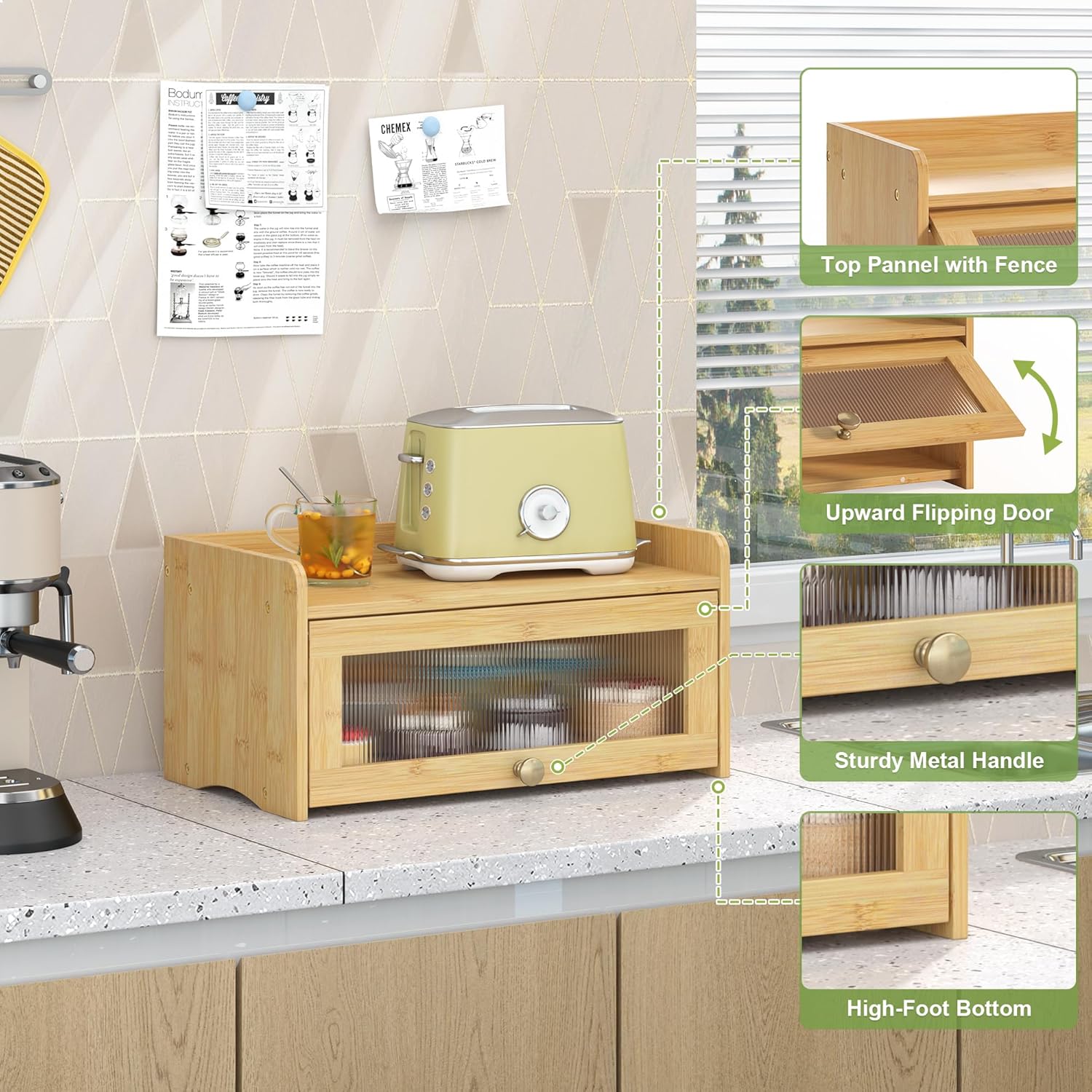 JANSNIMEN Vintage Bread Box for Kitchen Countertop, Bread Container Storage, Wooden Farmhouse Bread Box with Window