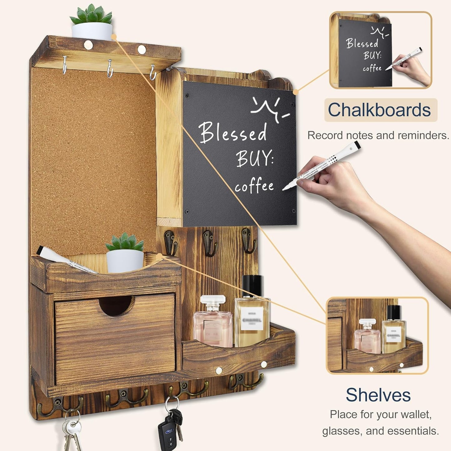 Key Holder Wall Mount / Natural Wood / Vertical