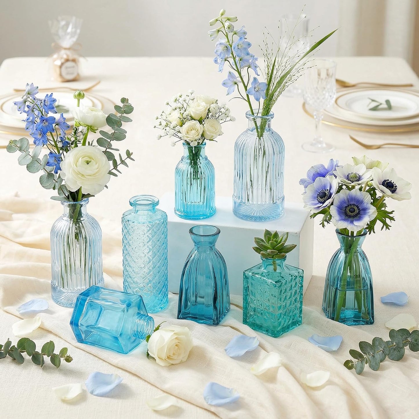 Blue Glass Bud Vases / Blue Series / Set of 15