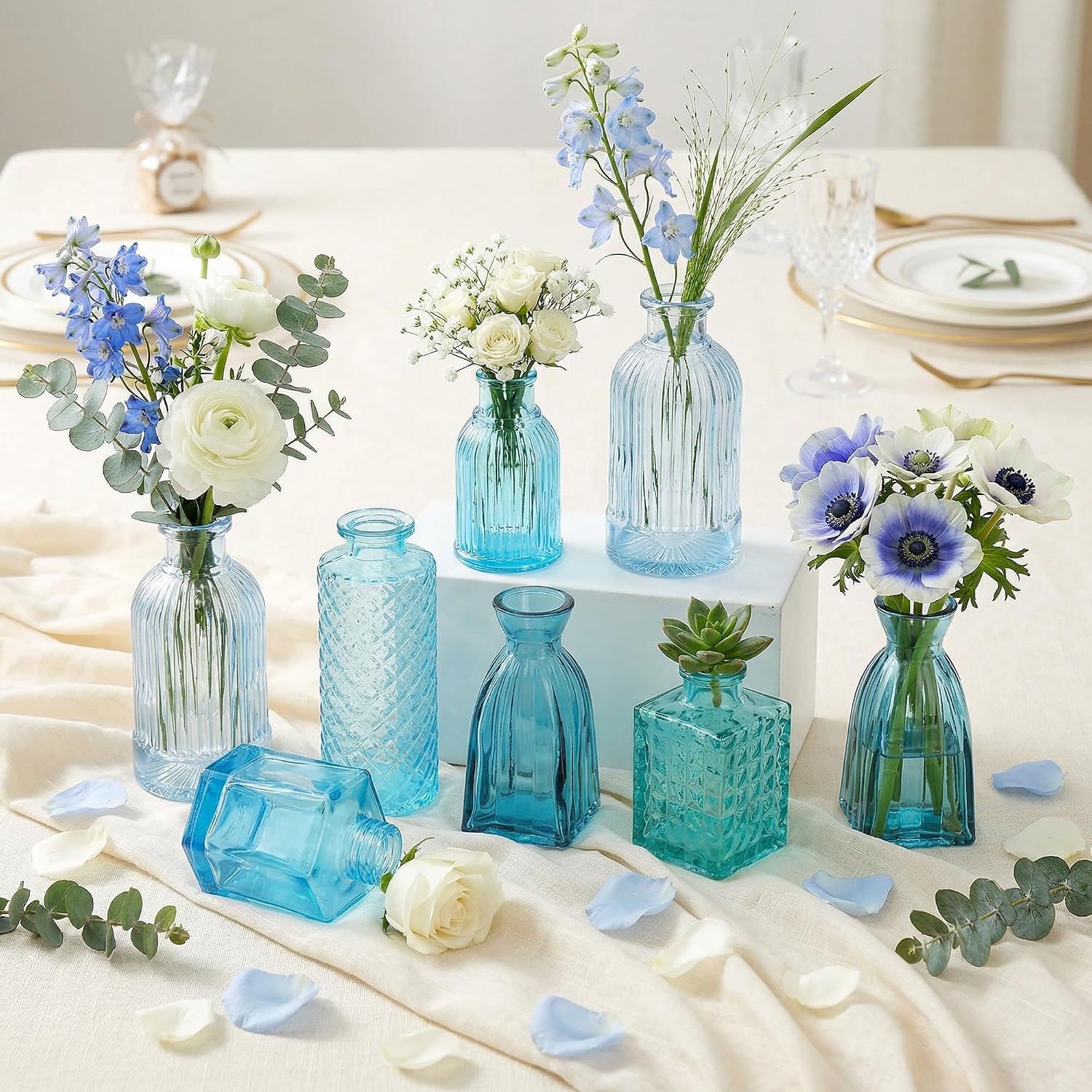 Blue Glass Bud Vases / Blue Series / Set of 15
