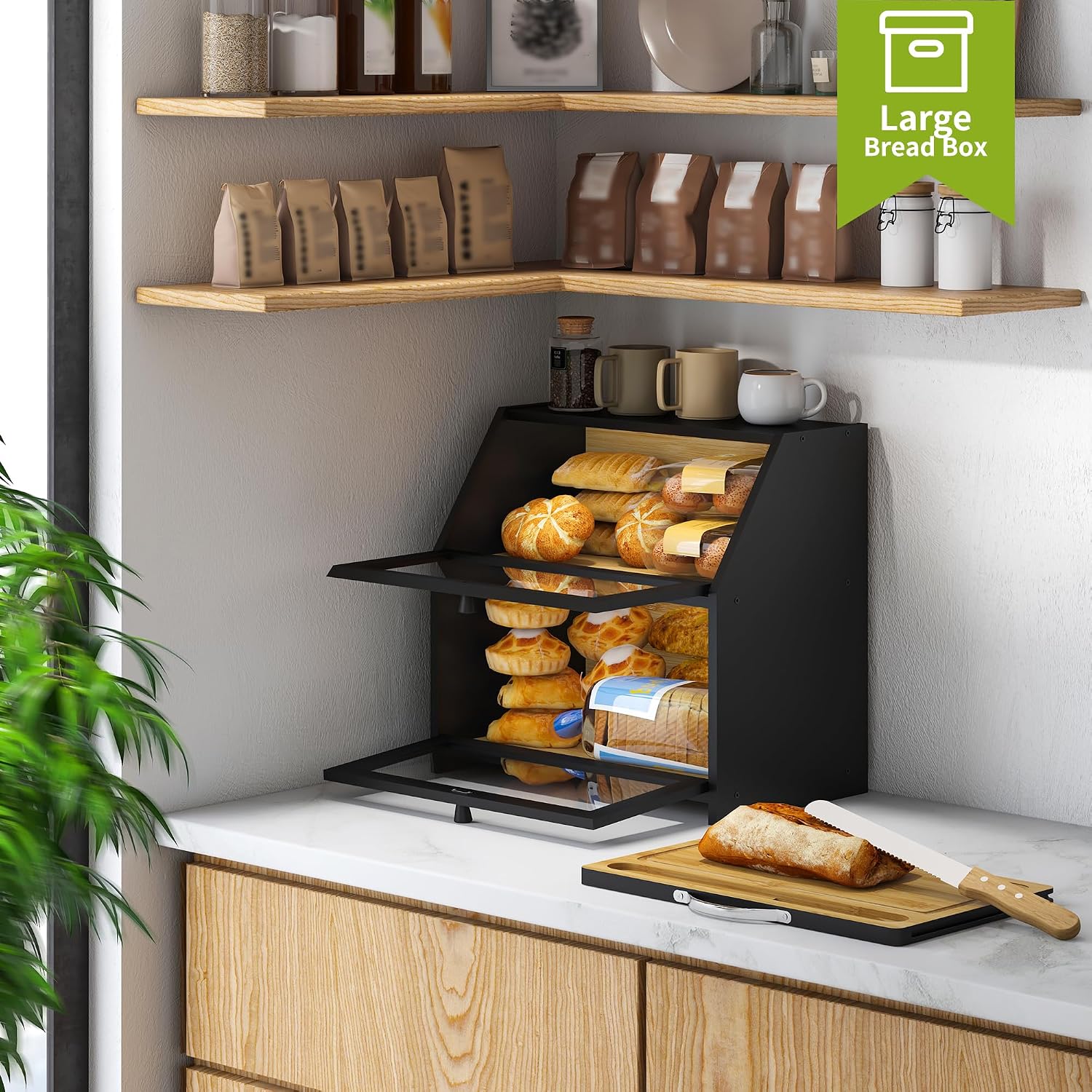 BMOSU Bread Box with Cutting Board Kitchen Bread Storage Organizer Farmhouse Countertop Double Bamboo Wood Bread