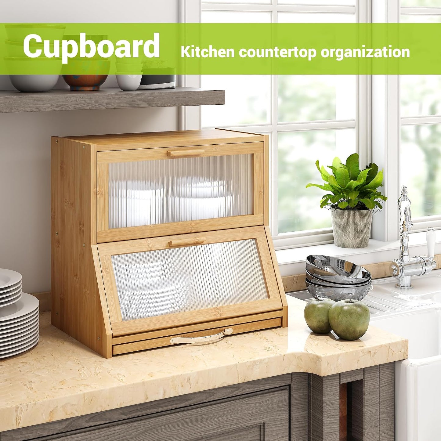 BMOSU Double-Layer Large Bread Box with Cutting Board for Kitchen Countertop Bread Box With Frosted Glass Window