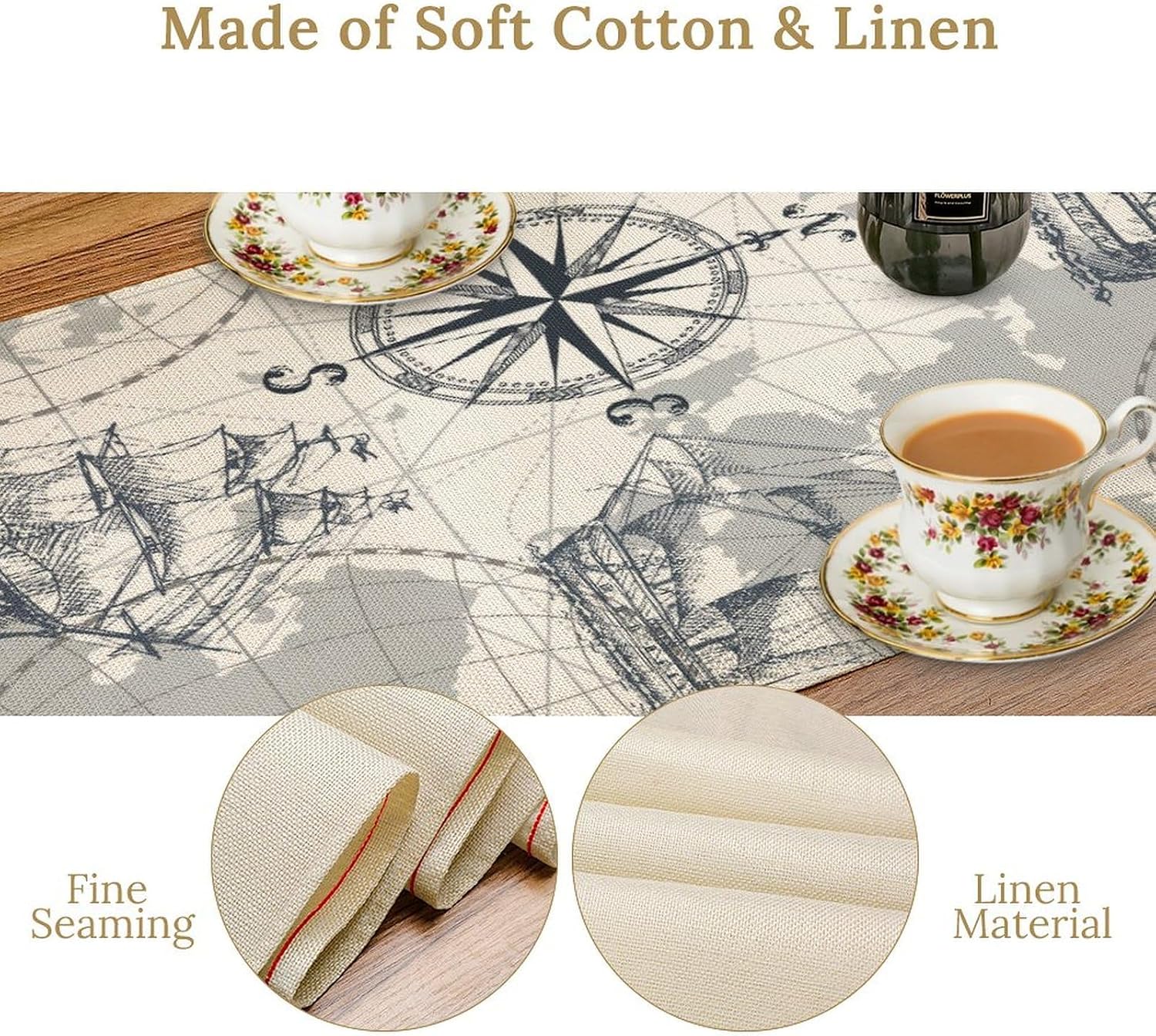 Nautical Sailboat Map Table Runner, Sketch Pirate Ship Wheel Compass Patterns Printed Linen Table Runner for Home