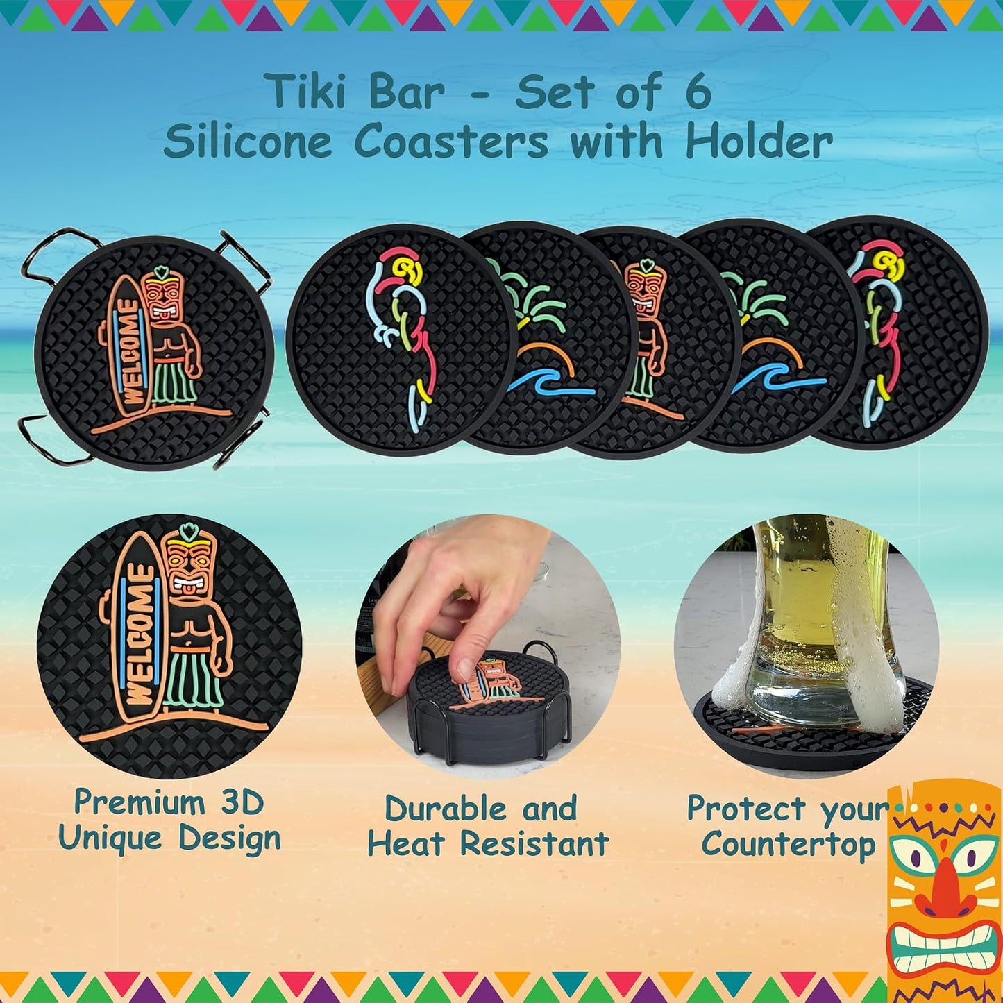 Holder / Wave & Palm Tree / Tiki Bar / Set of 6