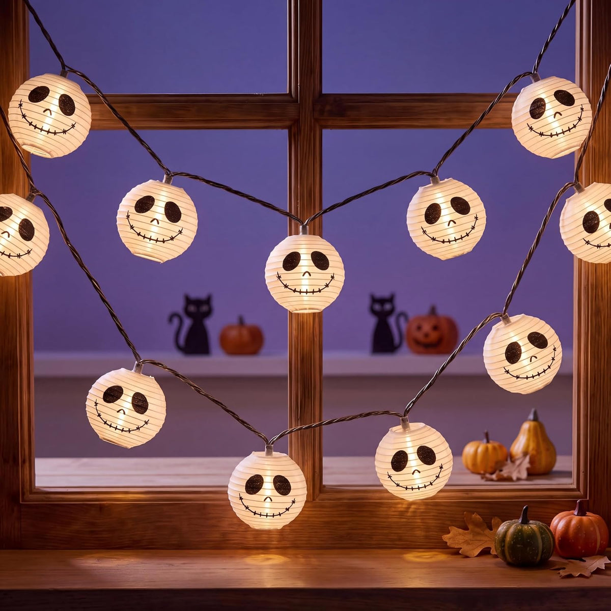 GOOTHY 8.5Ft Halloween Lantern String Lights, 10 White Ghost Nylon Lantern Lights for Holiday Decoration, Connectable Halloween Lanterns Outdoor for Garden, Bedroom, Bar, Party Decor, Waterproof