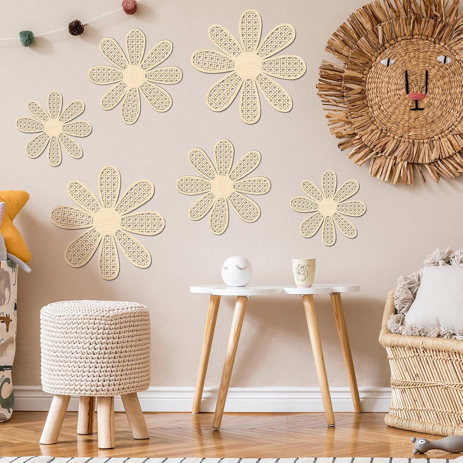 Boho Daisy Wall Decor Rattan Flower Wall Hanging Art Wooden Boho Art Nursery / Natural / Set of 6