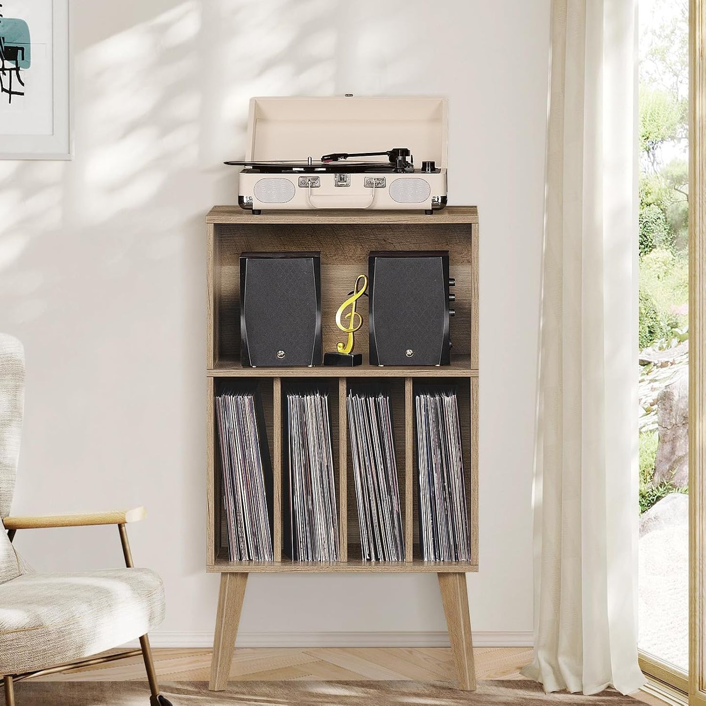 Lerliuo Record Player Stand, Oak Turntable Stand Holds up to 160 Albums | Mid-Century Vinyl Storage Cabinet Table,Solid