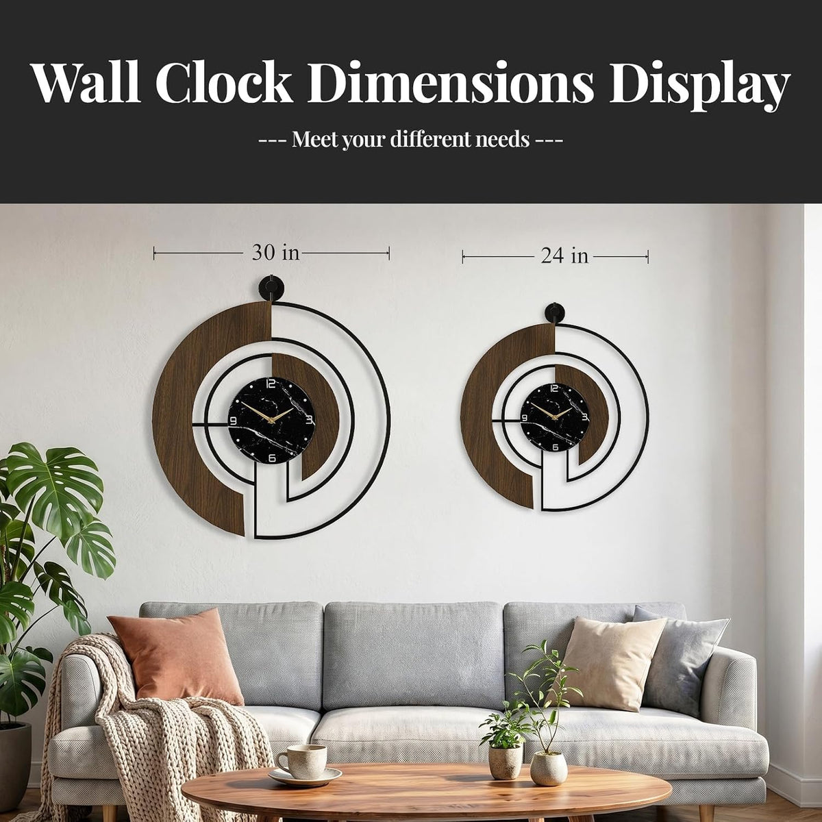 Cuspin 24 Inch Large Wall Clock Modern Walnut Marble Dial Decorative Clock | Silent non ticking, battery operated, easy