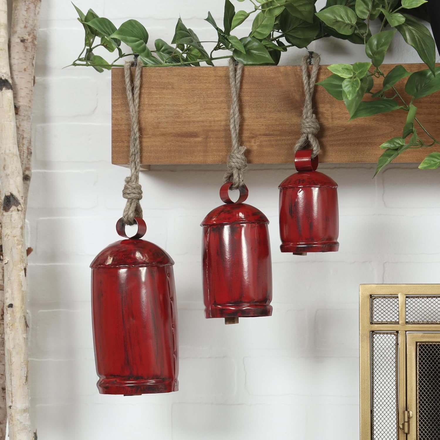 Deco 79 Metal Cow Bells, Meditation Bell, Set of 3, 10", 7", 5"H, Red | Indoor metal art Tibetan inspired decorative