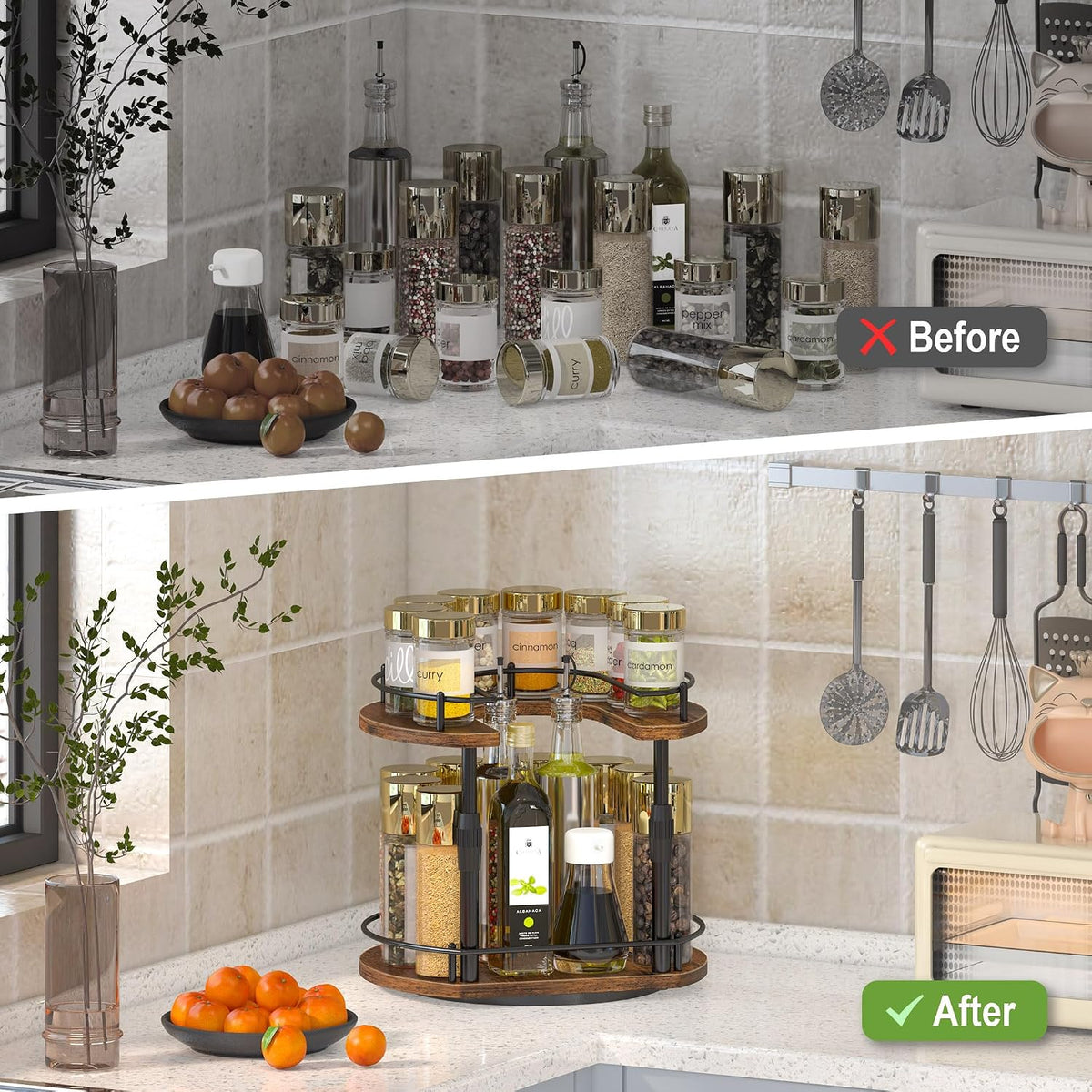 Across-Star Lazy-Susan-Spice-Rack -Organizer For Cabinet With Adjustable Height, 12 inch Rotating Seasoning Holder