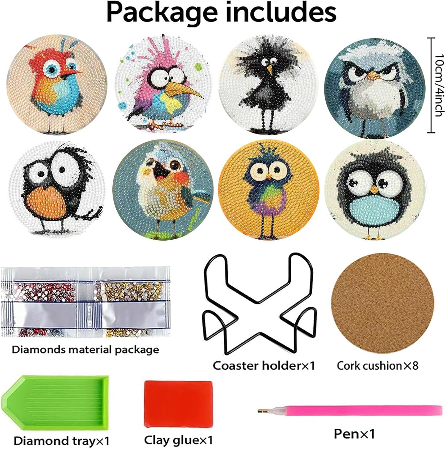 Holder / Funny Bird Pattern Wooden Diamond Painting / Jxbd73-us / Set of 8