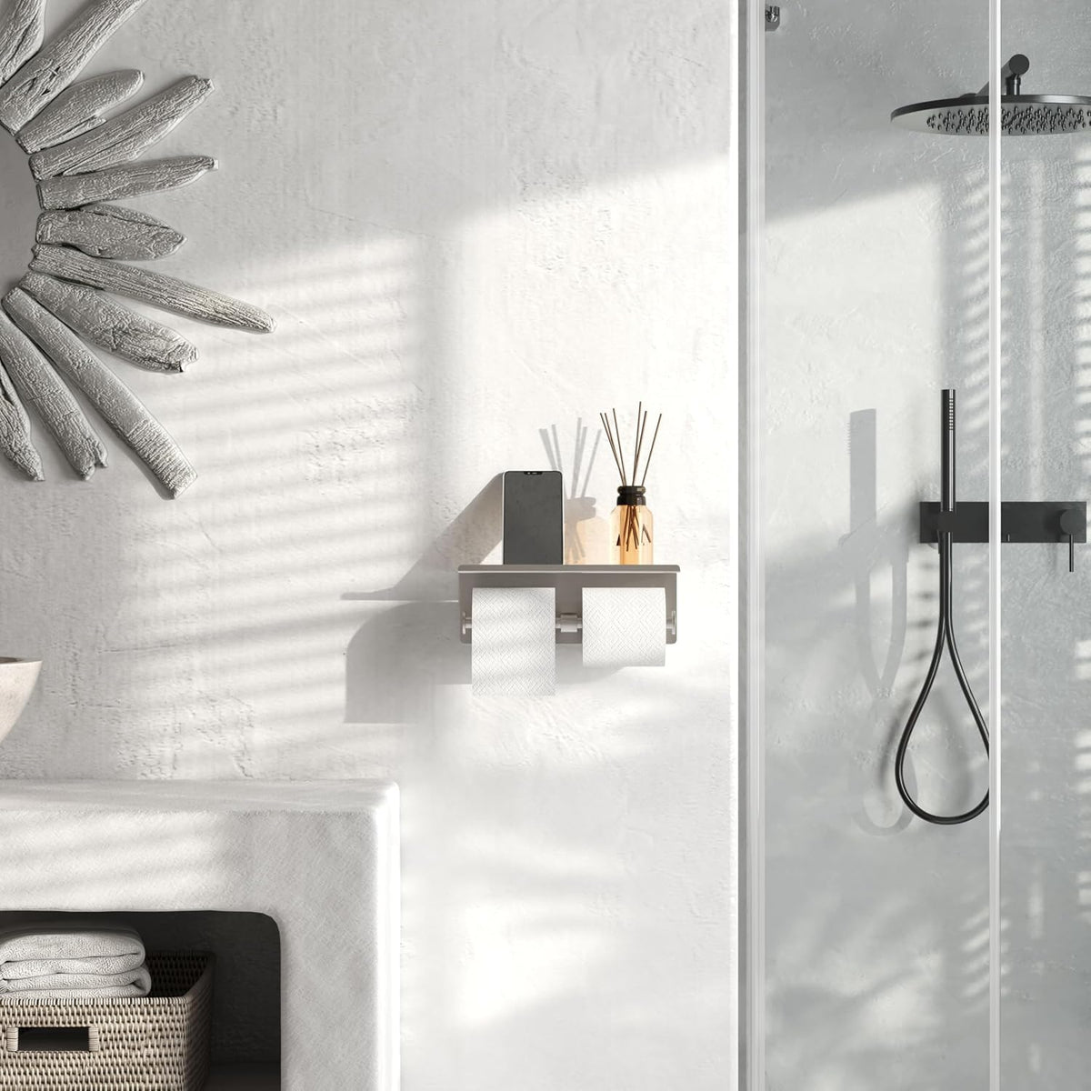 Brushed Nickel Toilet Paper Roll Holder with Shelf Wall Mounted for Bathroom (Brushed Nickel, Double Head)