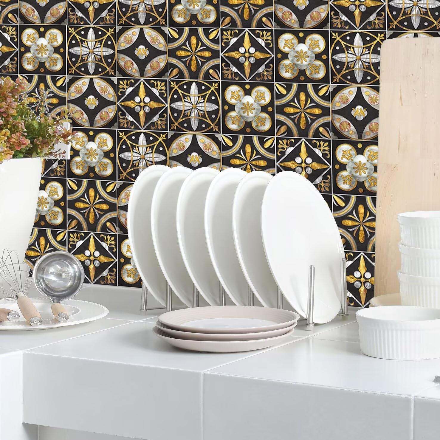 Self-Adhesive Vintage Moroccan Tile Decals Peel / 15cm * 15cm / Gold Black / 6 x 6 / Set of 10