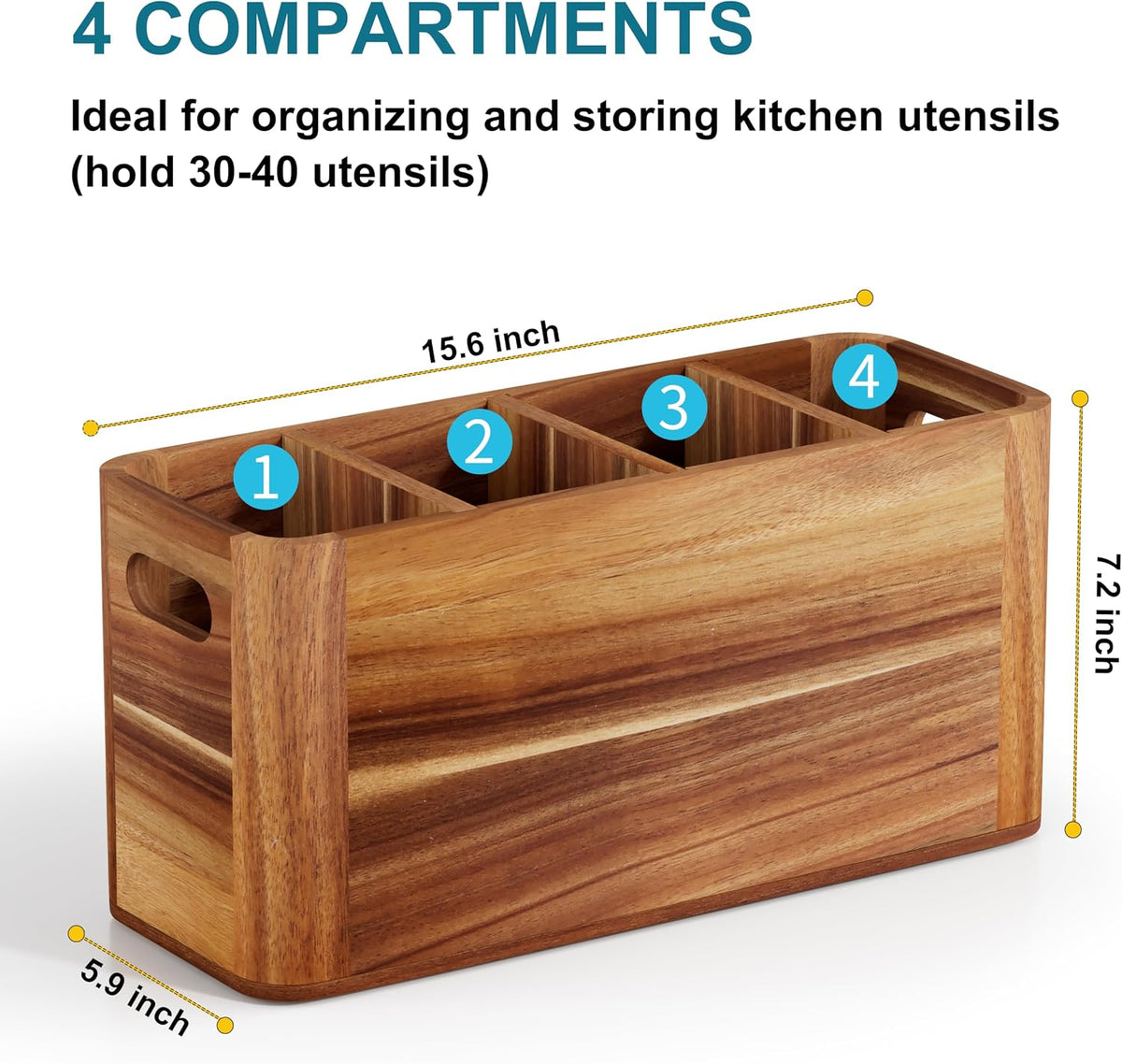 Utensil Holder for Kitchen Counter, Extra Large Utensil Holder for Countertop with 4 Compartments Wooden Cooking