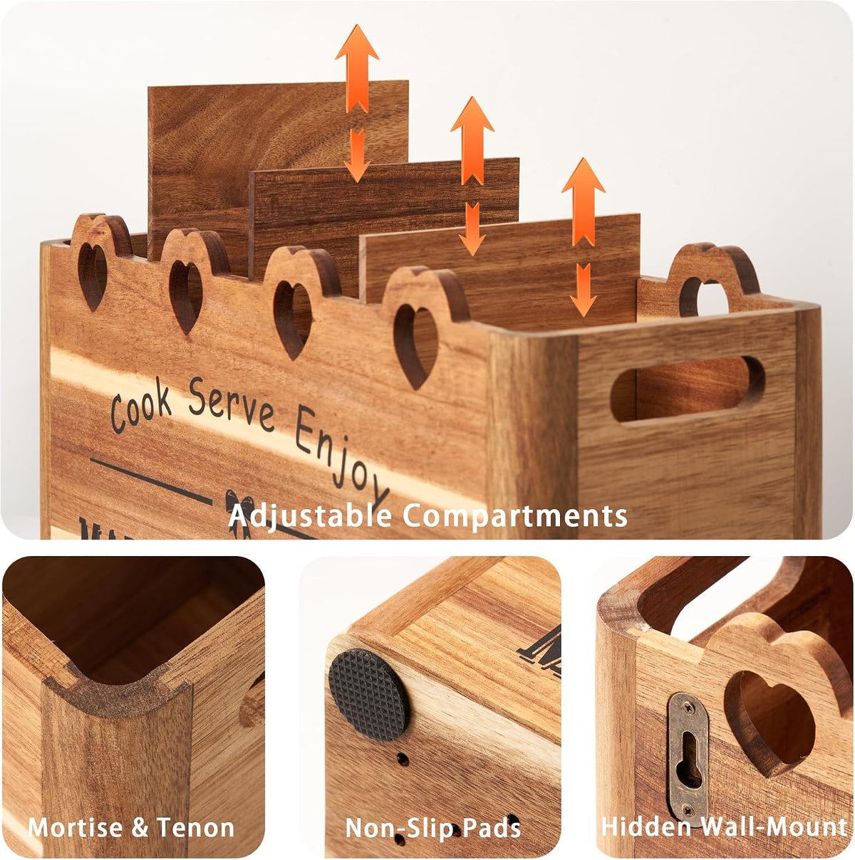 Kitchen Utensil Holder, Large Acacia Wood Organizer for Countertop | Extra Large Farmhouse Style with 4 Compartments