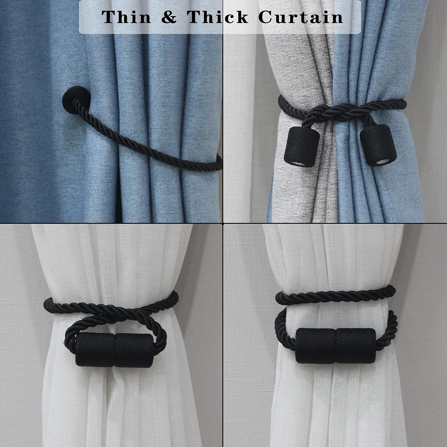 Magnetic Curtain Tiebacks Holdbacks Decorative Tie Backs for Windows Porlau | 6 Pack Black Modern Outdoor Drapes