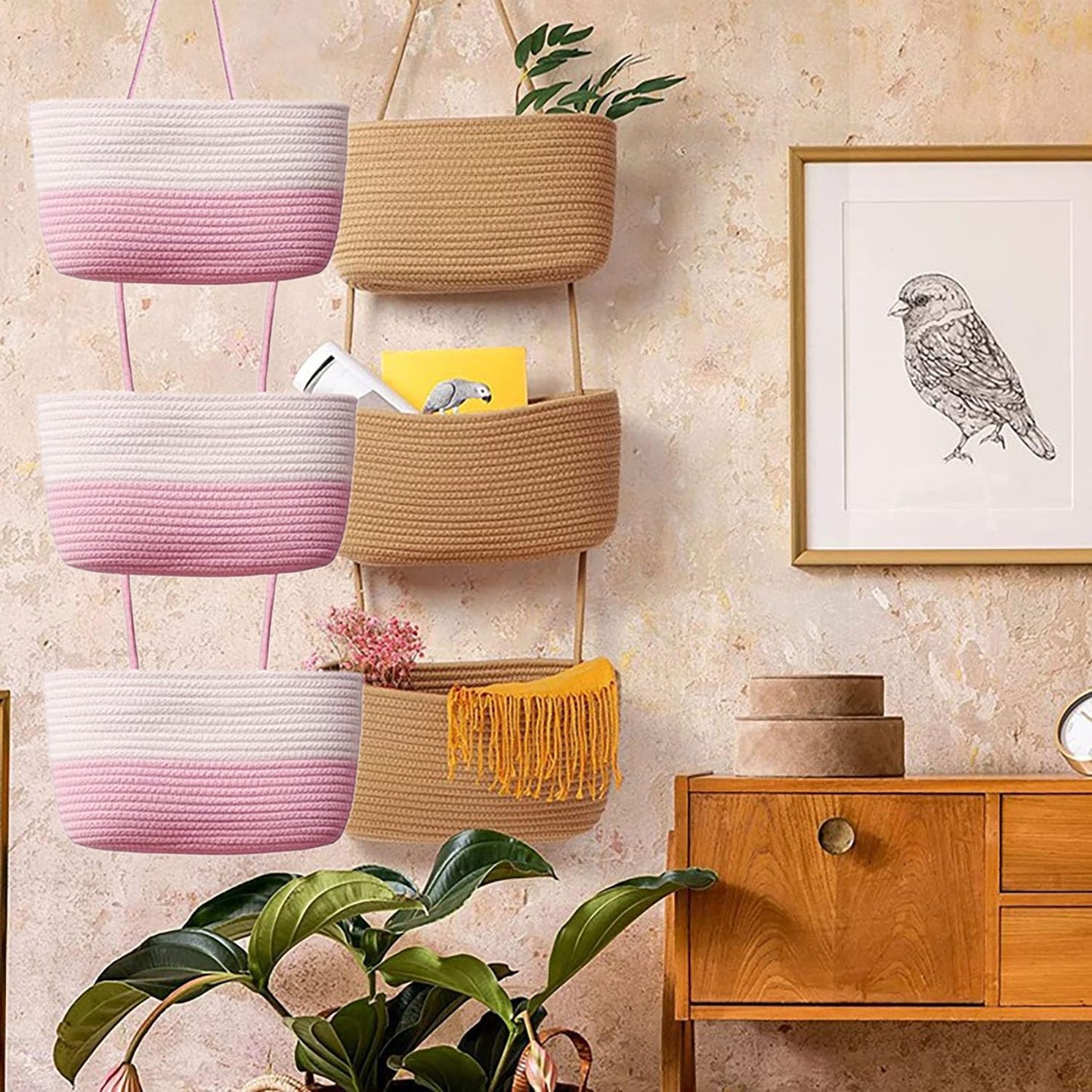 Woven Cotton Hanging Baskets for Organizing Decor 3-Tier Over the Door Wall-Mounted / White+pink