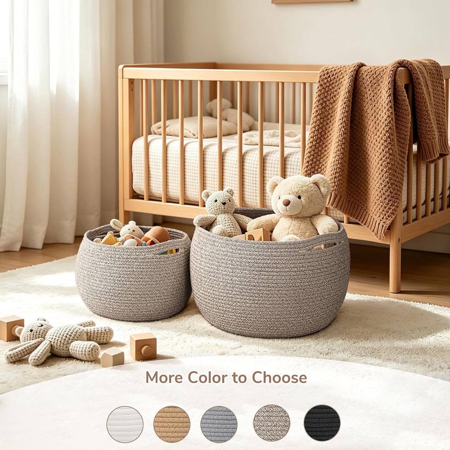 Woven Basket / Round Wicker Baskets for Toy Storage / Light Brown / 10"D x 8.3"H