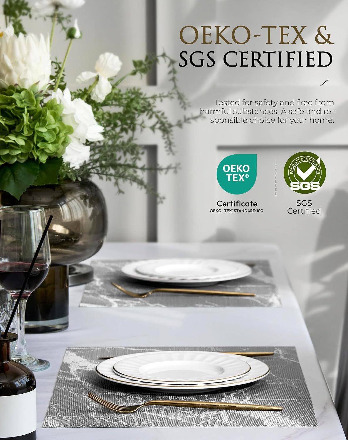 Leetaltree Woven Vinyl Placemats Set of 8,Gray Marble | High Density，Stain Resistant, Easy to Clean, Washable Table