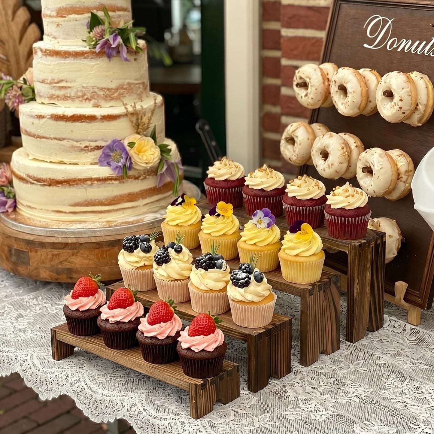 Wood Risers Tiered Display Stands Wooden Cupcake Stand Small Perfume Organizer / Brown / Set of 2