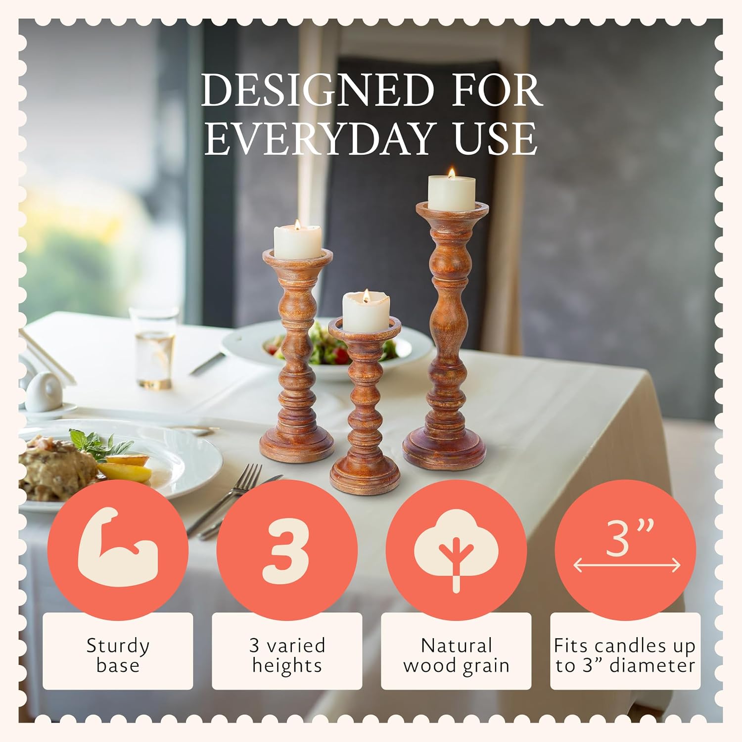 Willow Mango Wood Candle Holders - Medium Polish, Set of 3 | 9”, 12” & 15” hand-carved candle holders for table, mantel