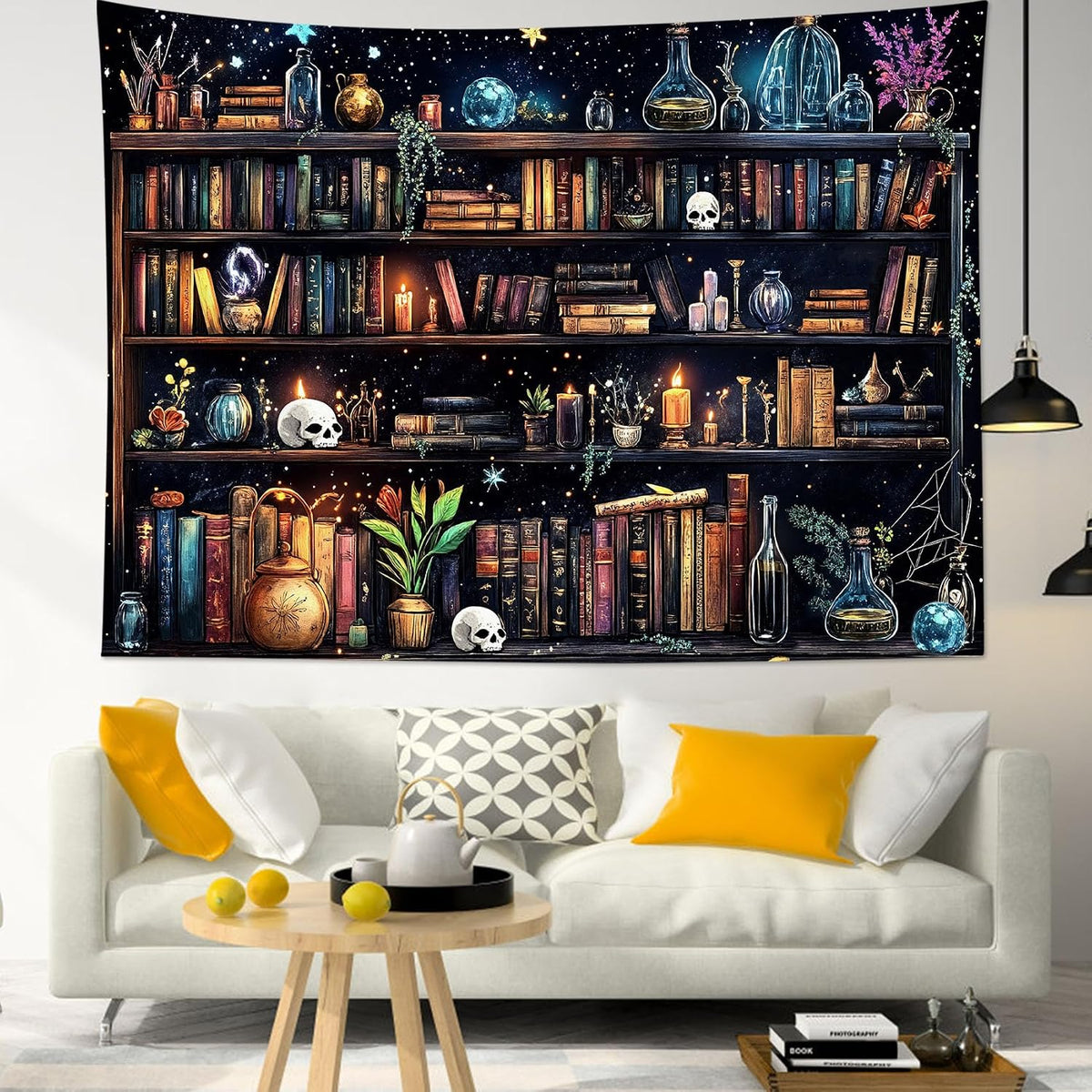 HVEST Magic Bookshelf Tapestry Wall Hanging Vintage Bookshelf Witchy Books Plant Skull Gothic Halloween Tapestry Aesthetic Starry Sky Tapestries for Bedroom Living Room Dorm, 51L x 59W Inches