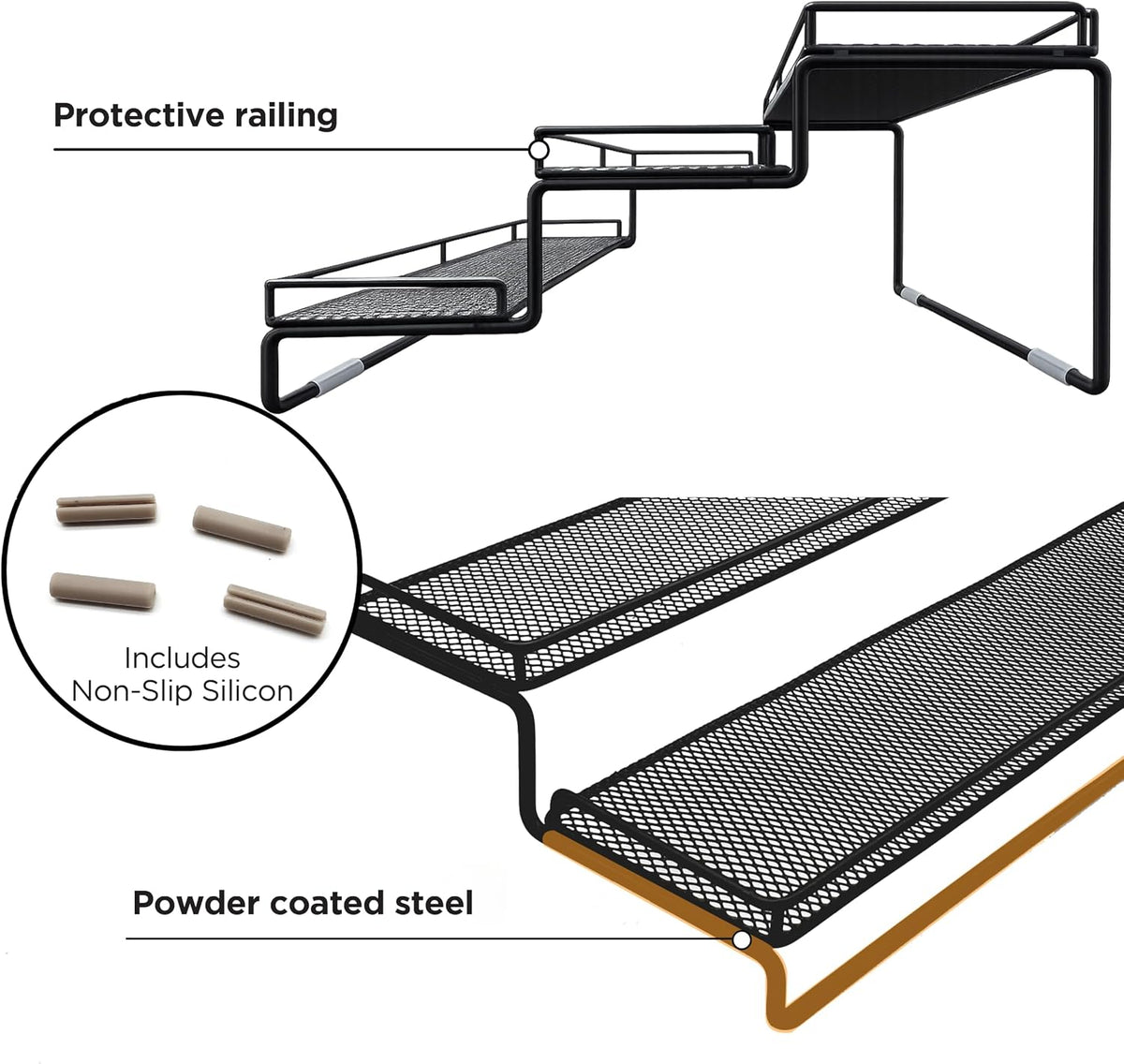 3 Tier Wide Expandable Cabinet Spice Rack Organizer (14.5" to 29.1") - Step Shelf with Protection Railing, Black,Copper