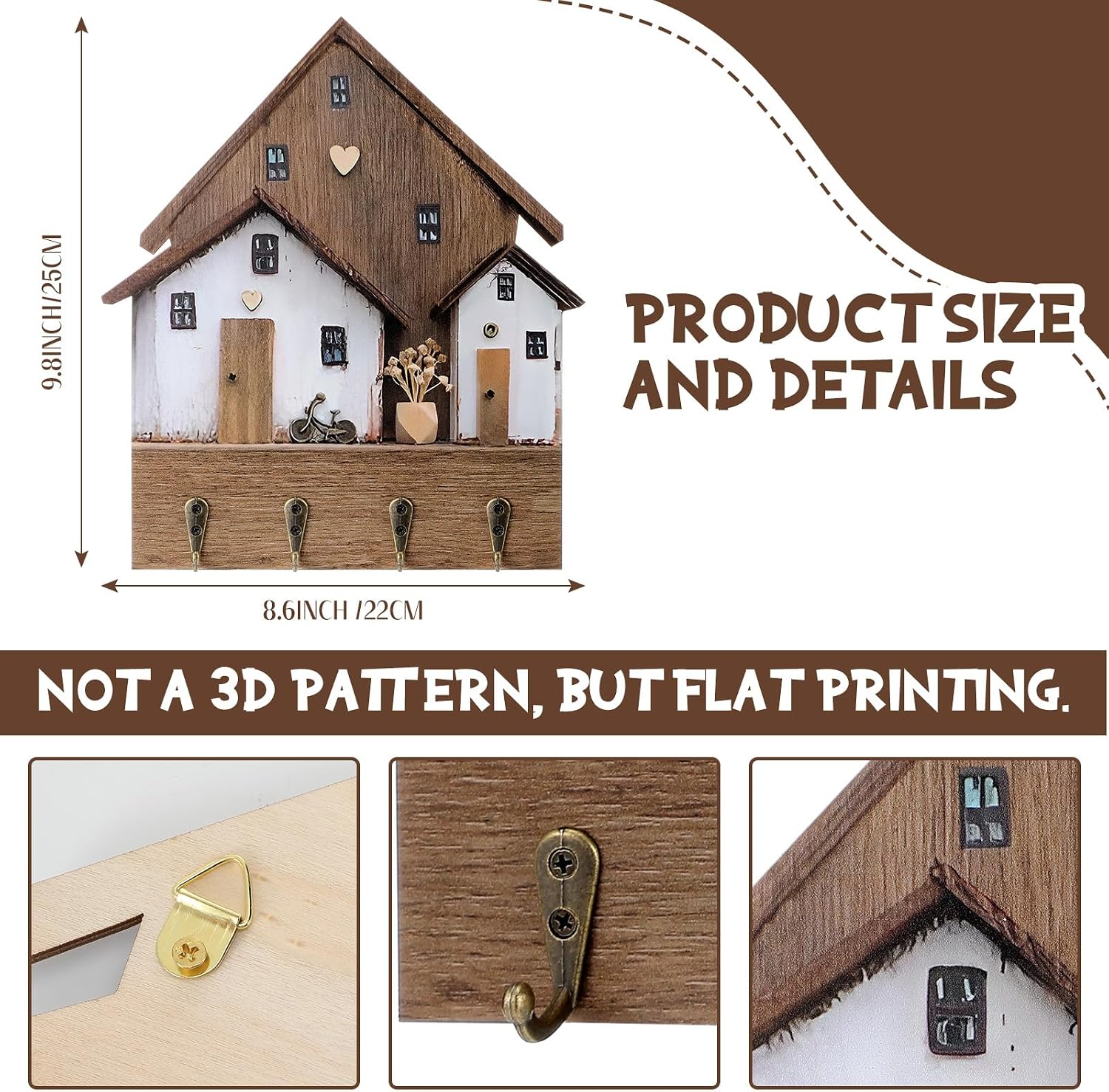 Wooden Key Holder / Key Hanger Purse Organizer Decorative Wall Hooks House Shaped Boho Decorative