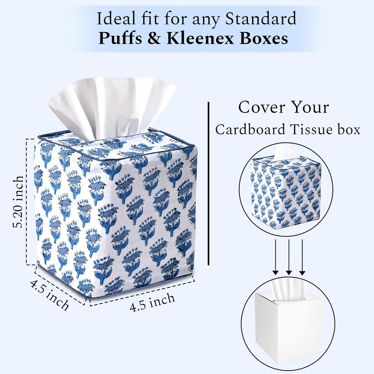 CPC Hand Block Printed Cotton Tissue Box Cover " Square Soft Reusable / Apatite Blue / 5 x 5 x 5.5
