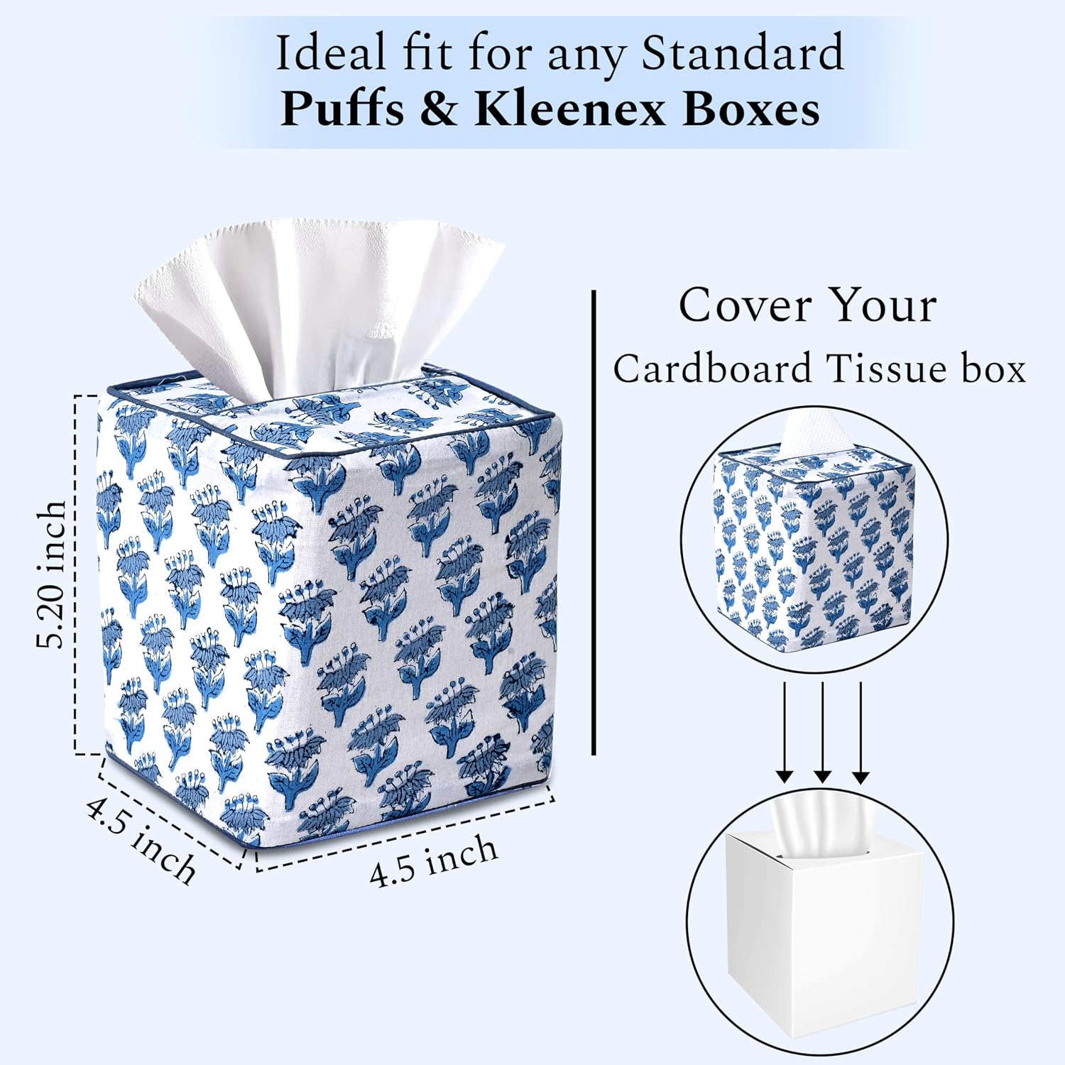 CPC Hand Block Printed Cotton Tissue Box Cover " Square Soft Reusable / Apatite Blue / 5 x 5 x 5.5
