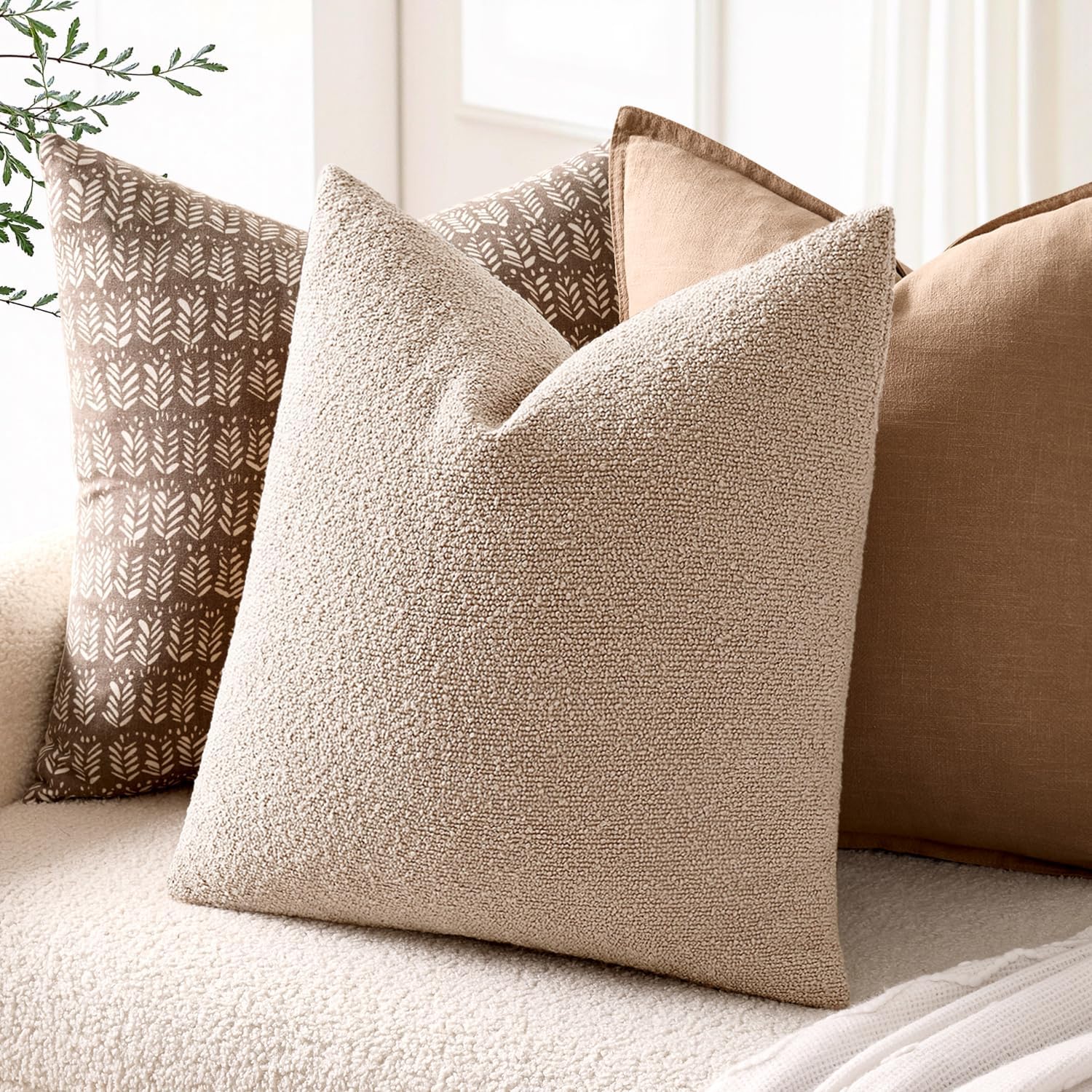 Textured Boucle Throw Pillow Covers Soft Accent Solid Cushion Cases / Oatmeal / 20 x 12 / Set of 2