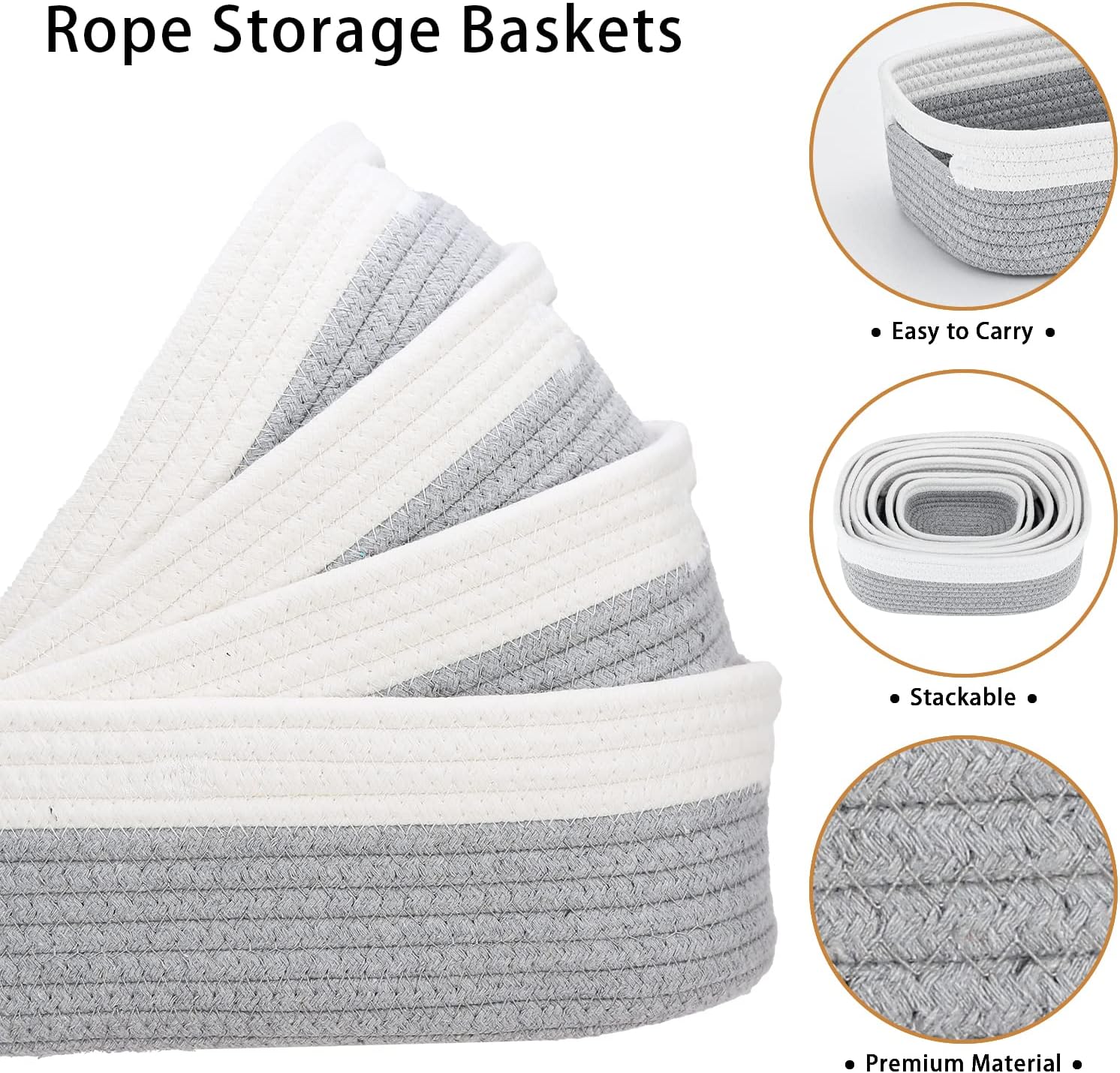 7 Piece Cotton Rope Woven Basket Set / OFF WHITE & GRAY