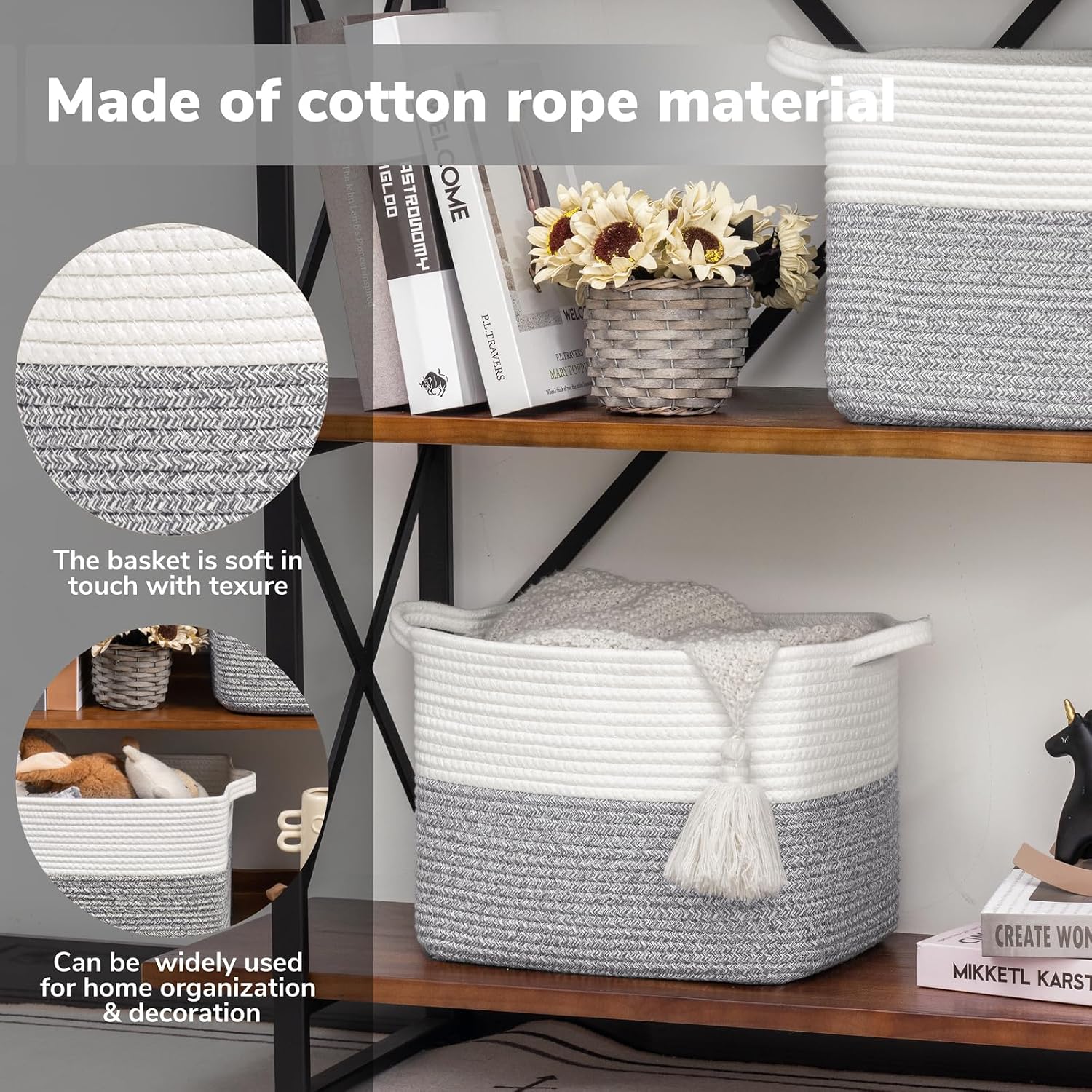 Woven Storage Basket / Light Grey / 13"L x 10"W x 9"H