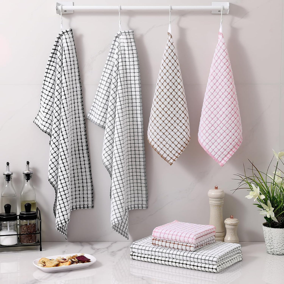 Homaxy Kitchen Towels and Dishcloths Set, Set of 16, Black/Grey/Pink/Brown | Cotton Terry Kitchen Dish Towels, Super