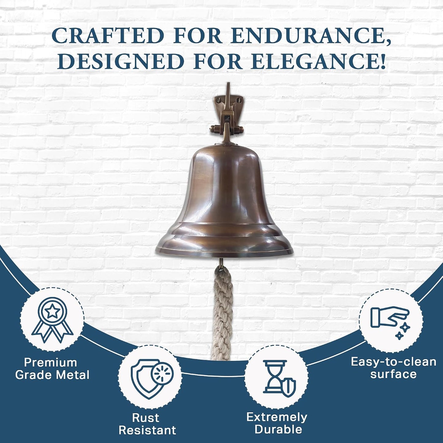 Solid Brass Wall Mounted Ship Hanging Antique Brass Bell for Reception, School, Outdoor, Indoor, Dinner & Chruch - 6