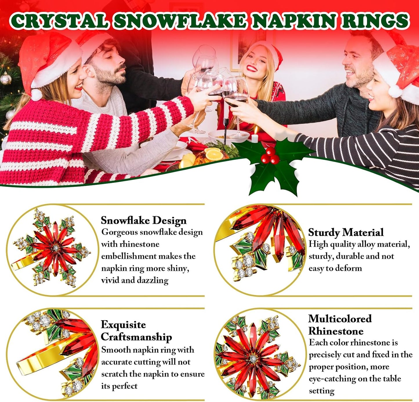 Christmas Crystal Snowflake Napkin Rings Set of 12- Rustic Dinner Tables Setting Decoration for Wedding Receptions