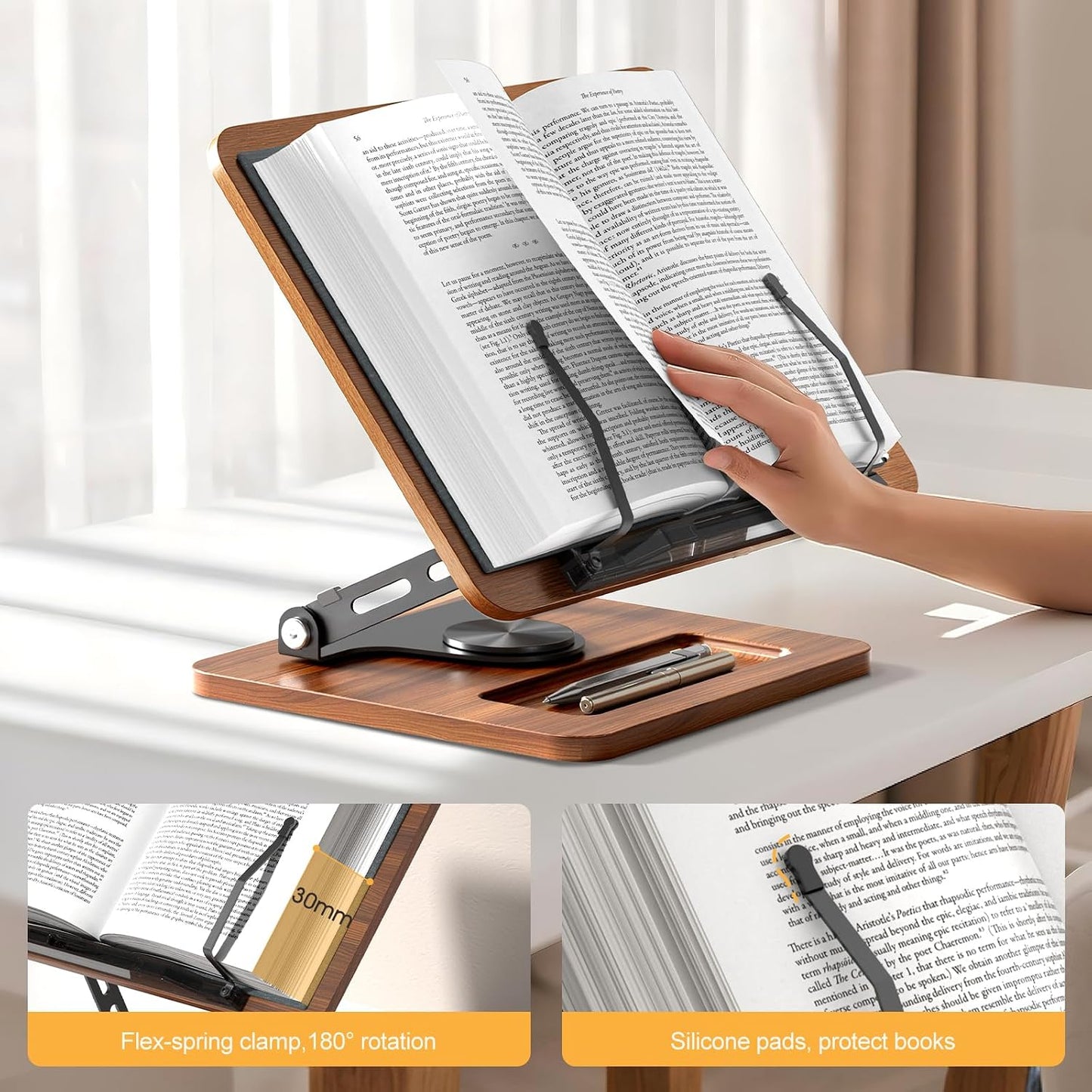 OPTIXCELL Book Stand for Reading, 360° Rotating Book Holder, Page Clips | Hands Free, Built-in Storage Tray, Adjustable