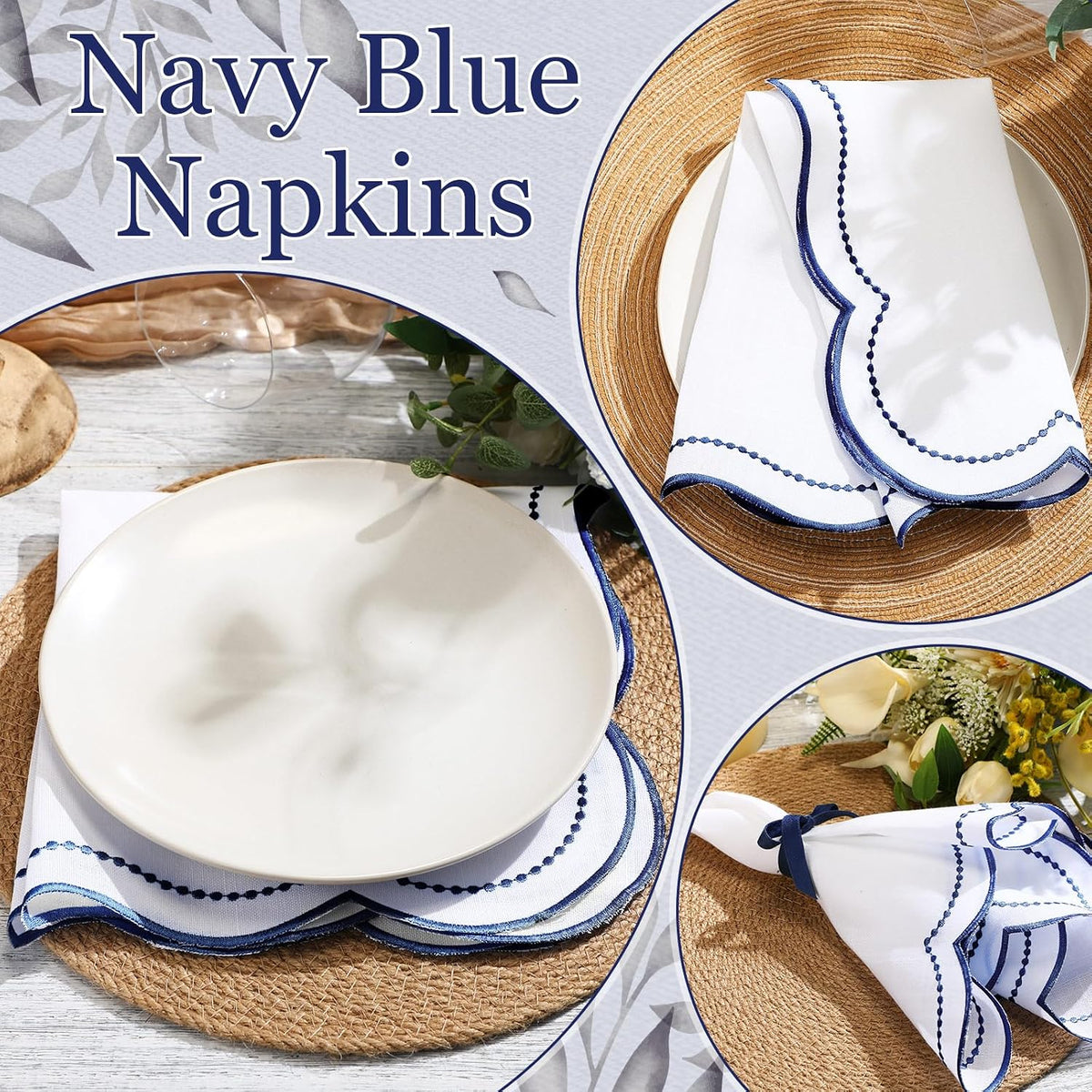 Hahafelt Cloth Napkins 18x18inches Scalloped Embroidery Cloth Napkins Washable Polyester Table Dinner for Hotel