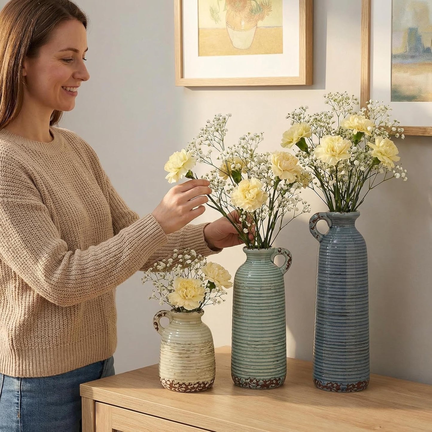 Ceramic Vase / Blue Neutral Rustic Modern Farmhouse Boho Decor / Handle-gray Blue Green / Set of 3