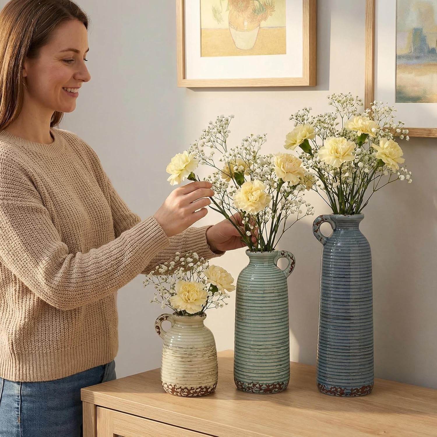 Ceramic Vase / Blue Neutral Rustic Modern Farmhouse Boho Decor / Handle-gray Blue Green / Set of 3