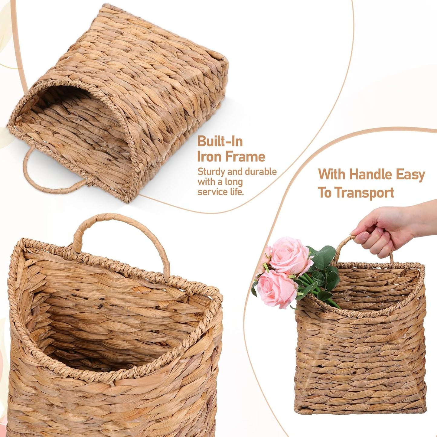 Woven Hanging Wall Basket Water Hyacinth Woven Wall Mounted Organizer Handmade Rattan Baskets
