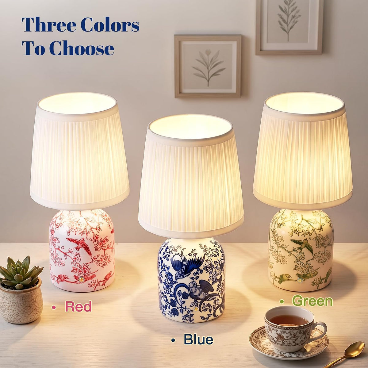 ShineTech Rechargeable Cordless Small Ceramic Table Lamps Set of 2, Blue