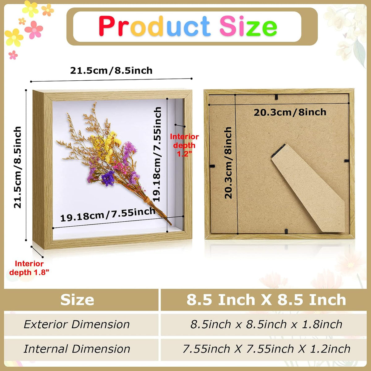 6 Pieces Shadow Box Picture Frame, Wood Color, 8 X 8 Inch | Deep Display Case for Graduation Medals Wedding Crafts Pins