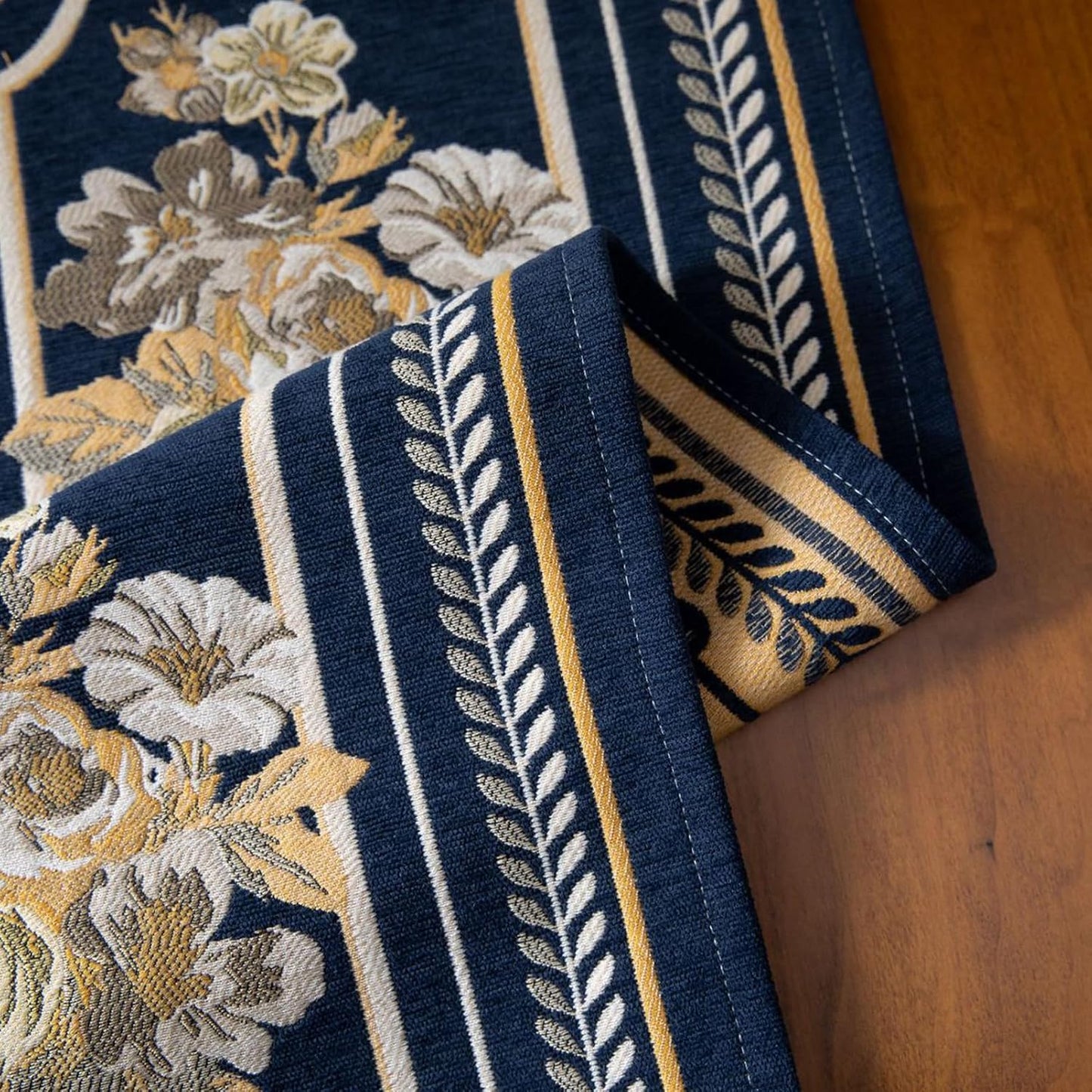 Embroidery Luxury Table Runner, Long Blue Dining Table Runner, Elegant Jacquard Dresser Scarf with Multi-Tassels for