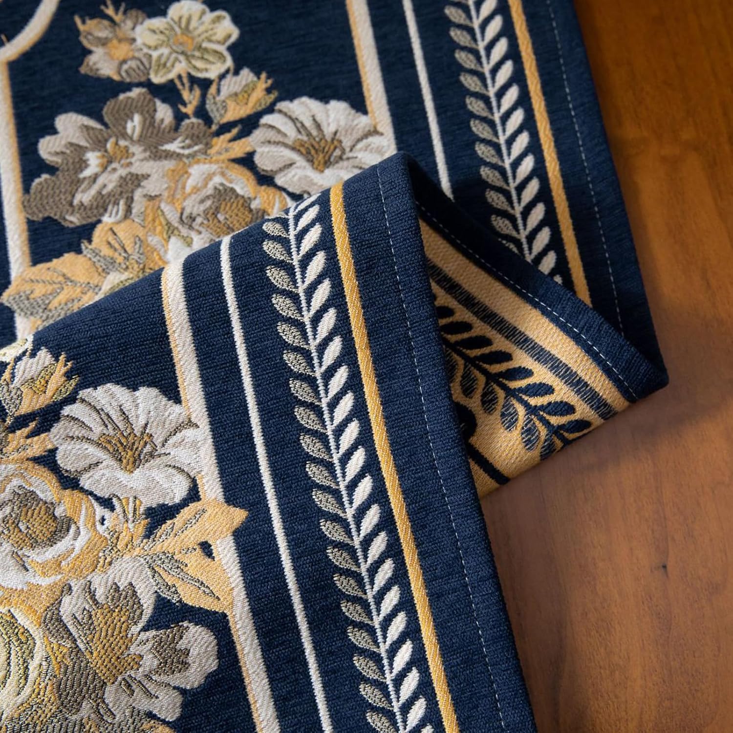 Embroidery Luxury Table Runner, Long Blue Dining Table Runner, Elegant Jacquard Dresser Scarf with Multi-Tassels for